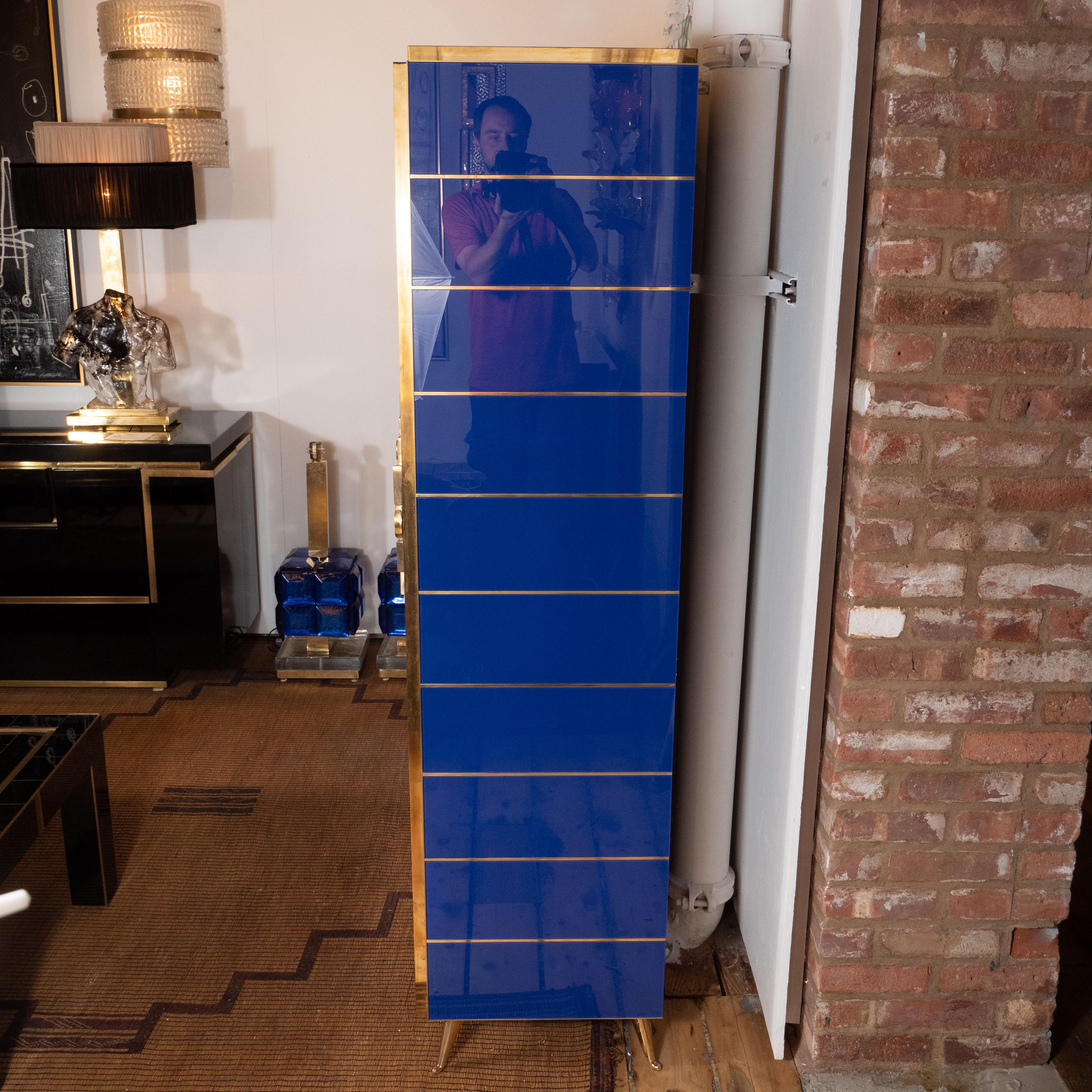 Wood Tall 2-Door Cobalt Blue Glass with Brass Inlays Cabinet or Dry Bar, Italy