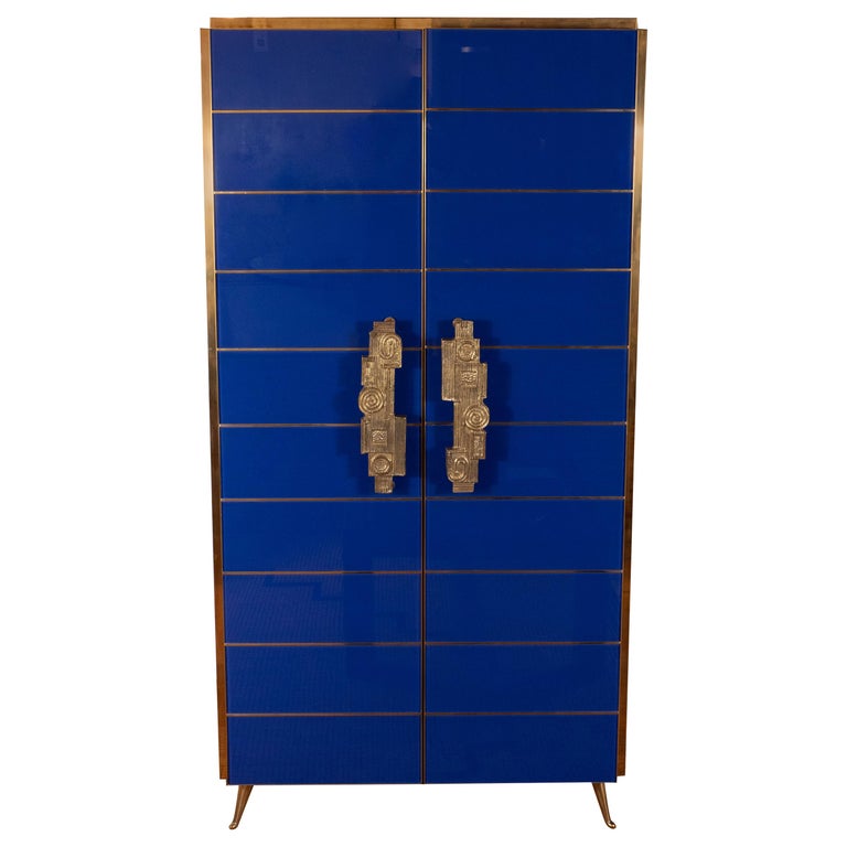 Tall 2-Door Cobalt Blue Glass with Brass Inlays Cabinet or Dry Bar, Spain, 2019 For Sale