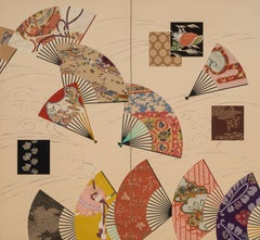 Tall 2-panel embroidered Japanese folding screen with colourful folding fans