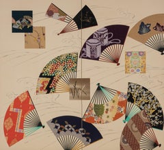 Tall 2-panel embroidered Japanese folding screen with colourful folding fans