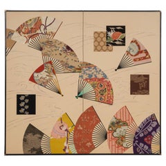 Tall 2-panel embroidered Japanese folding screen with colourful folding fans