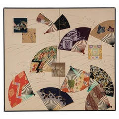 Tall 2-panel embroidered Japanese folding screen with colourful folding fans