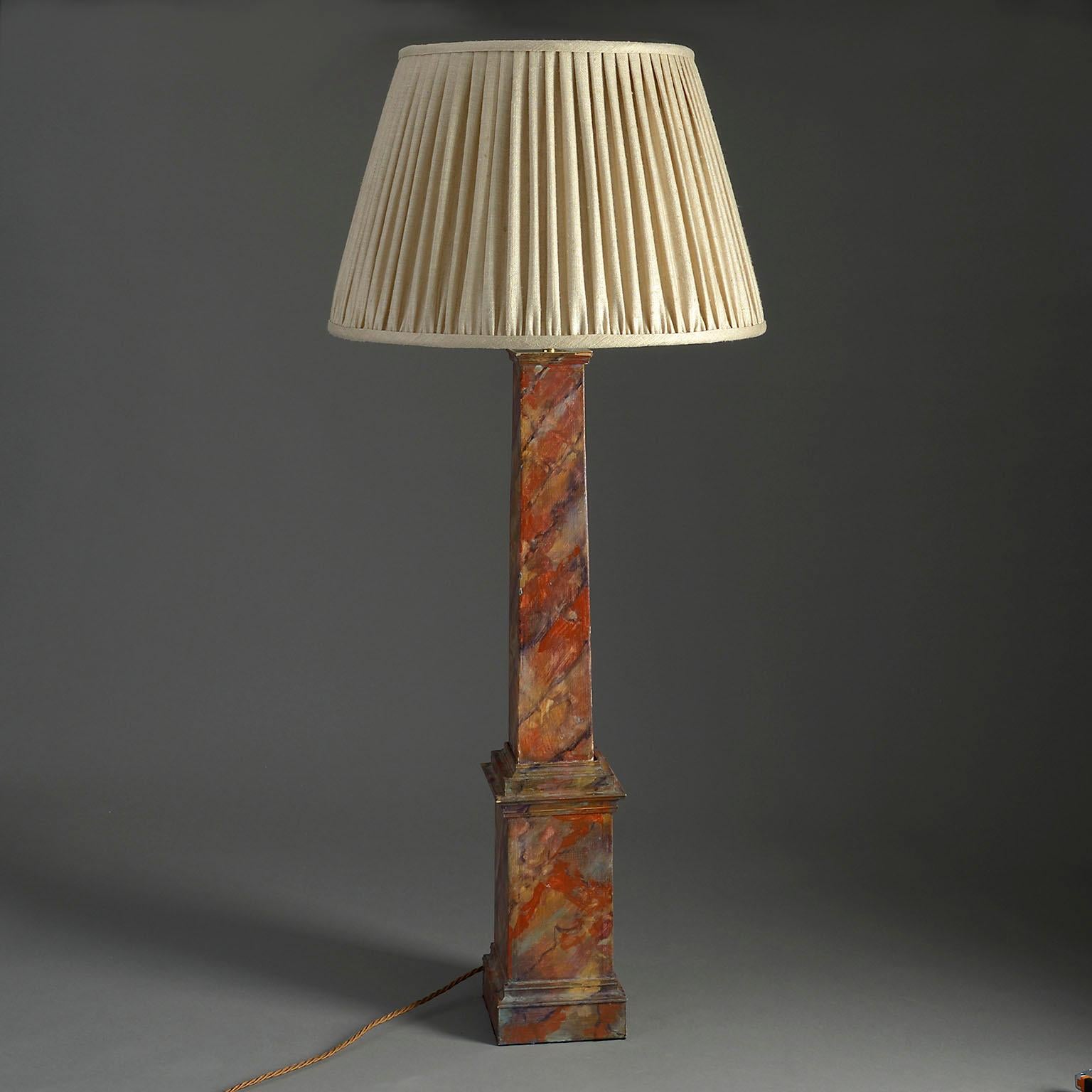 English Tall 20th Century Faux Marble Painted Obelisk Lamp For Sale