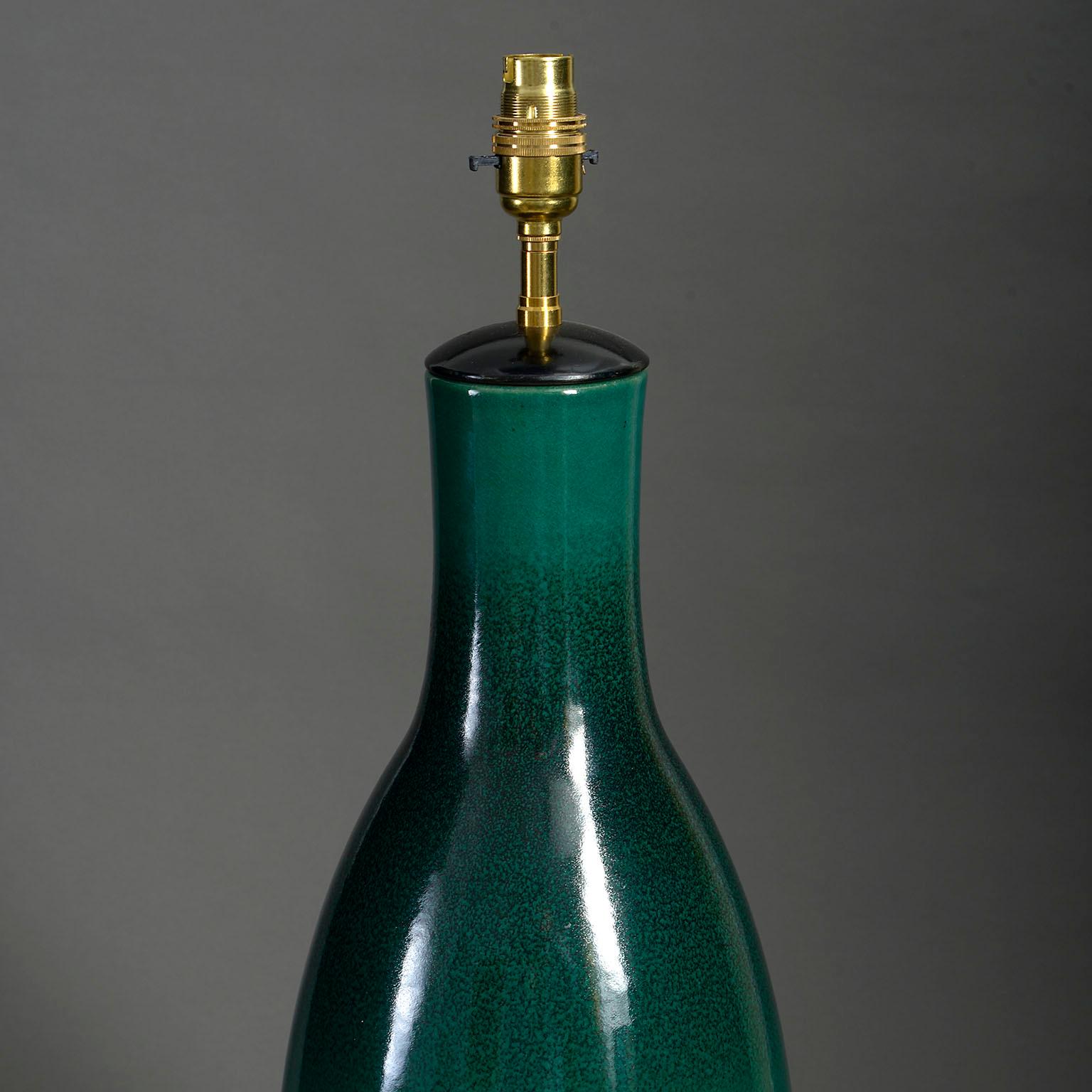 Mid-Century Modern Tall 20th Century Green Glazed Ceramic Vase Lamp For Sale