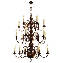 Antique Tall 3-Tier Patinated Brass Dutch Chandelier with 18 Lights
