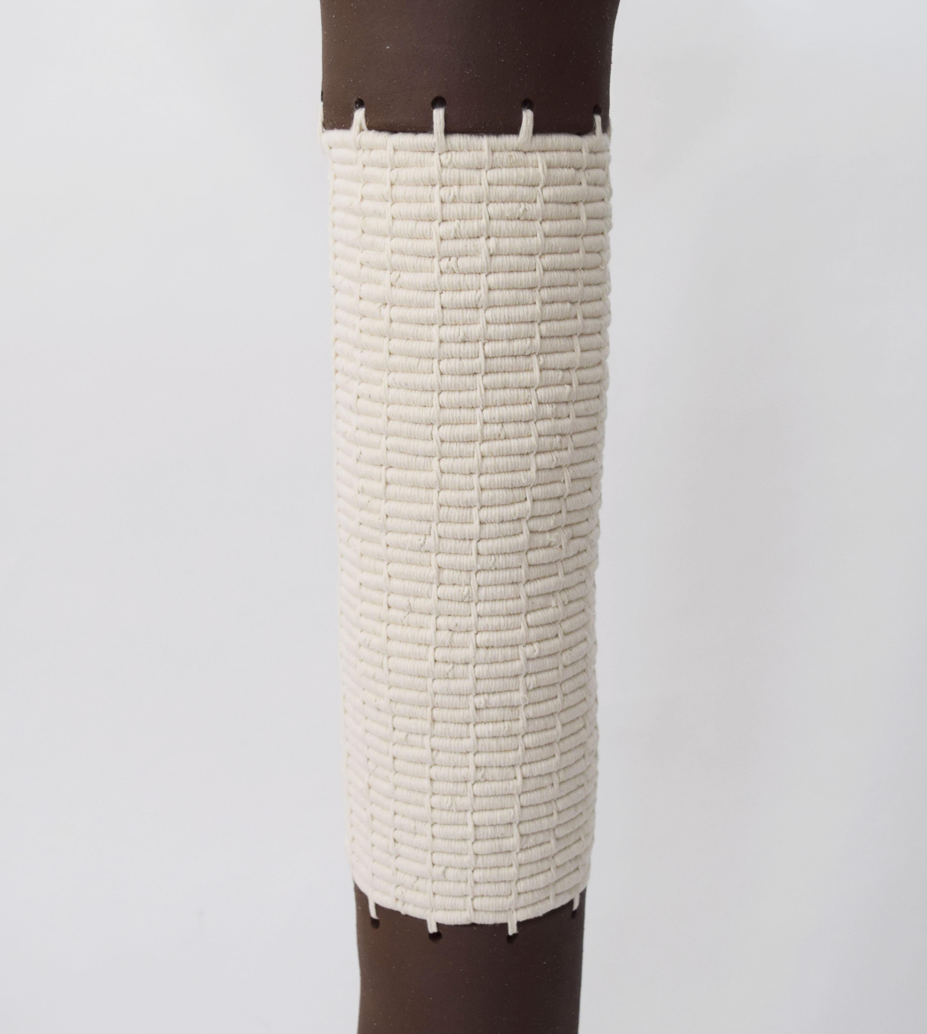 North American Tall Ceramic and Woven Cotton Floor Vessel in White/Brown