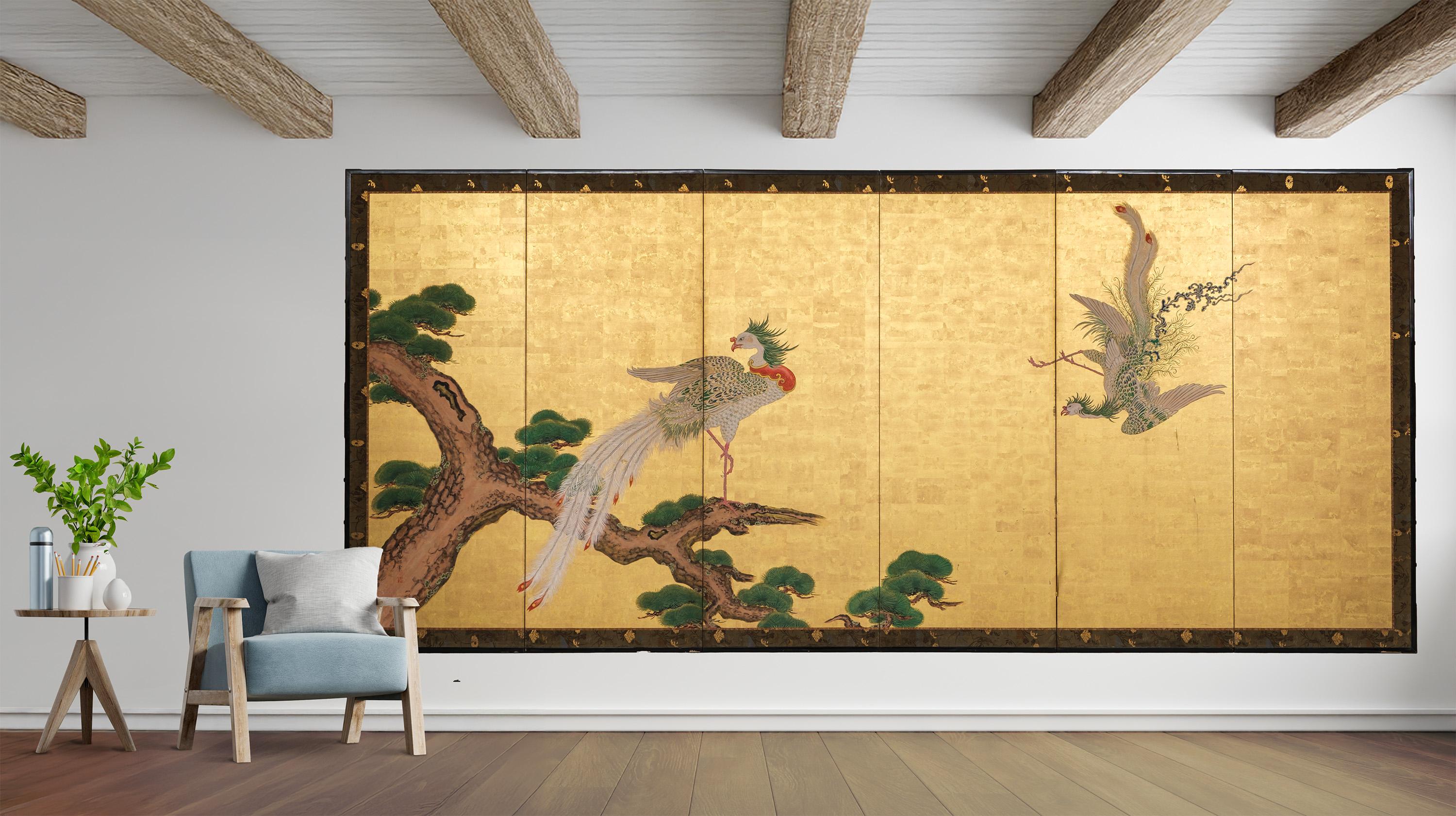 Tall 6-panel byôbu with phoenixes attributed to Kanô Isen’in Naganobu For Sale 9