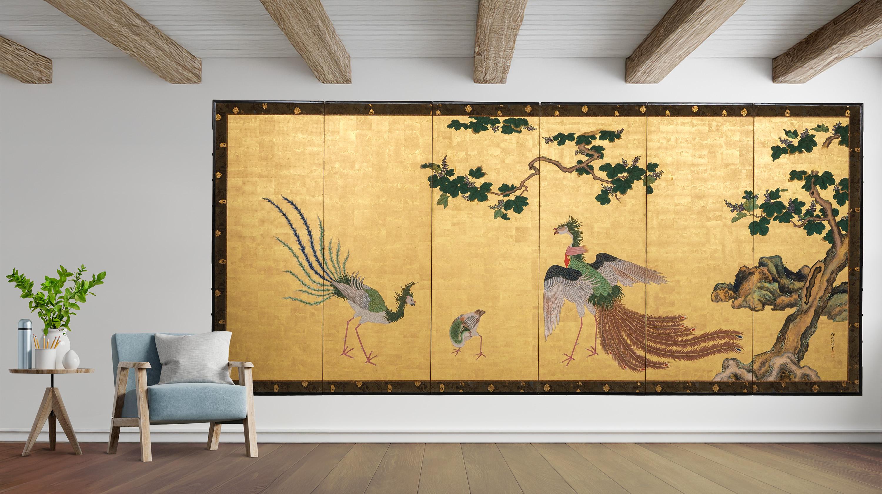 Tall 6-panel byôbu with phoenixes attributed to Kanô Isen’in Naganobu For Sale 12