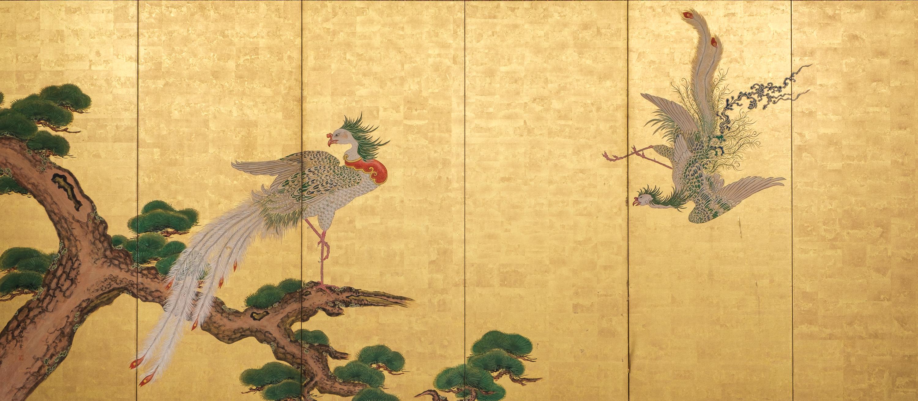 An exquisite, tall six-panel byôbu (folding screen) featuring a painting attributed to Kanô Isen’in Naganobu (1775–1828) depicting a pair of phoenixes (hô’ô) and a section of a large ancient pine tree (matsu).

The male bird is perched gracefully on