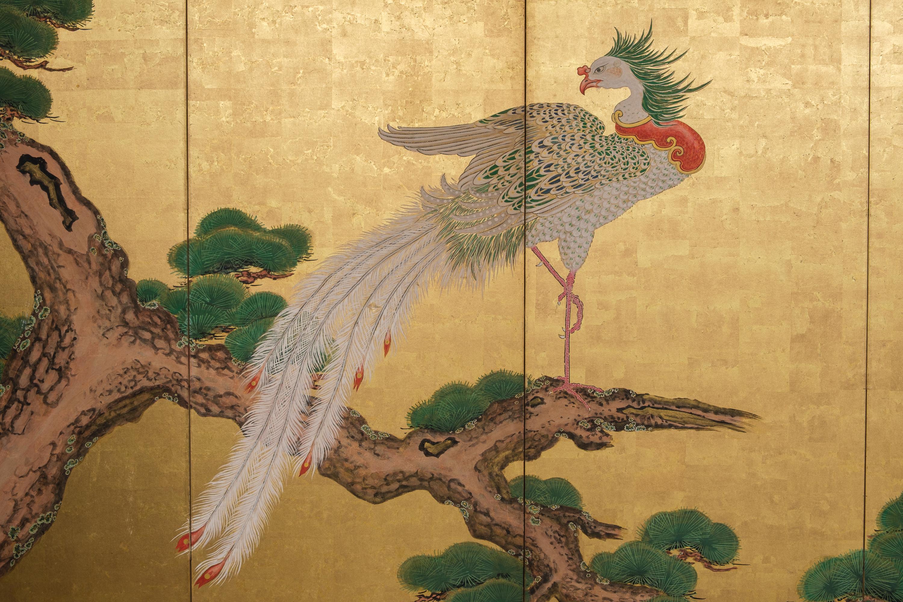 Hand-Crafted Tall 6-panel byôbu with phoenixes attributed to Kanô Isen’in Naganobu For Sale