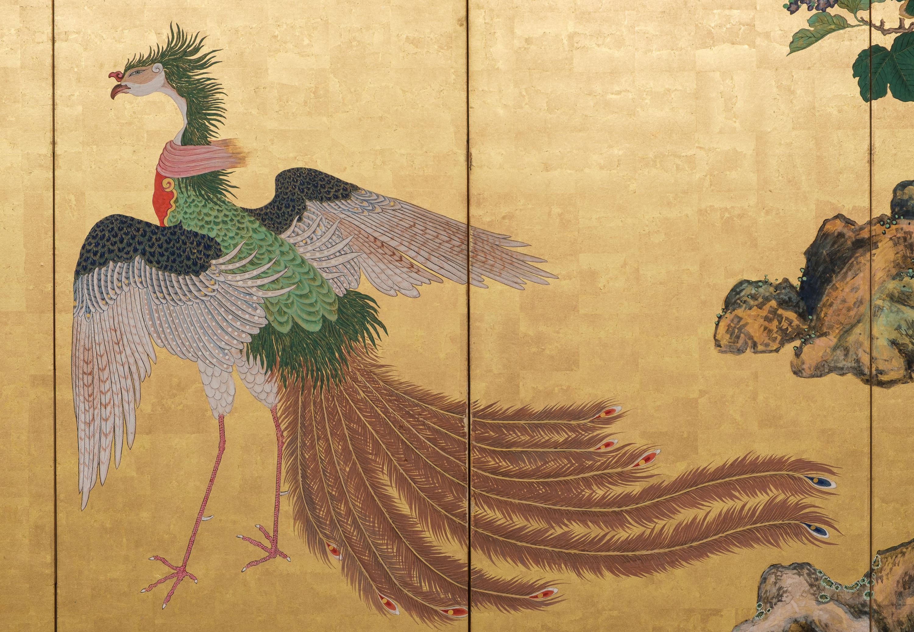 Tall 6-panel byôbu with phoenixes attributed to Kanô Isen’in Naganobu In Good Condition For Sale In Amsterdam, NL