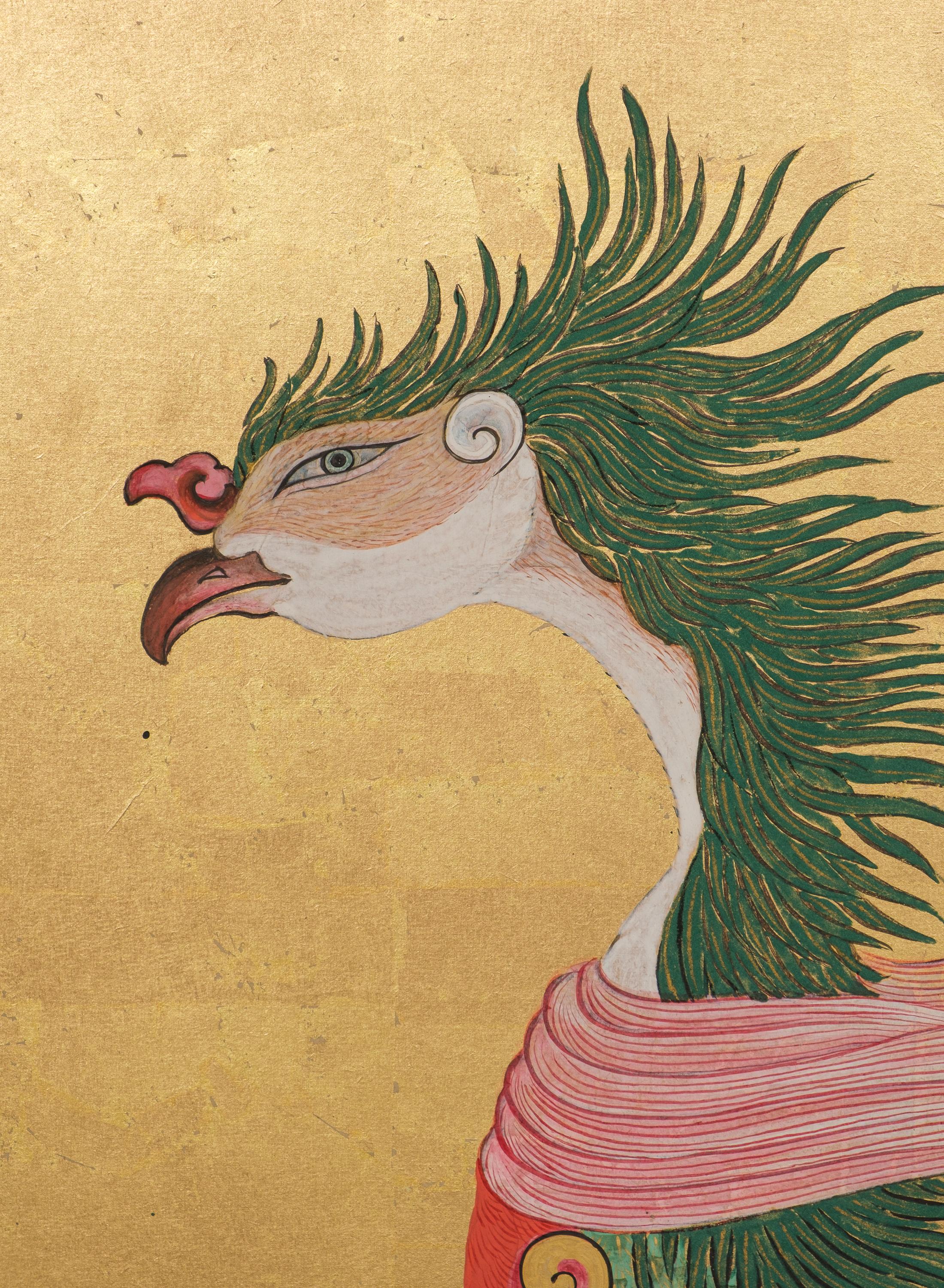 Metal Tall 6-panel byôbu with phoenixes attributed to Kanô Isen’in Naganobu For Sale