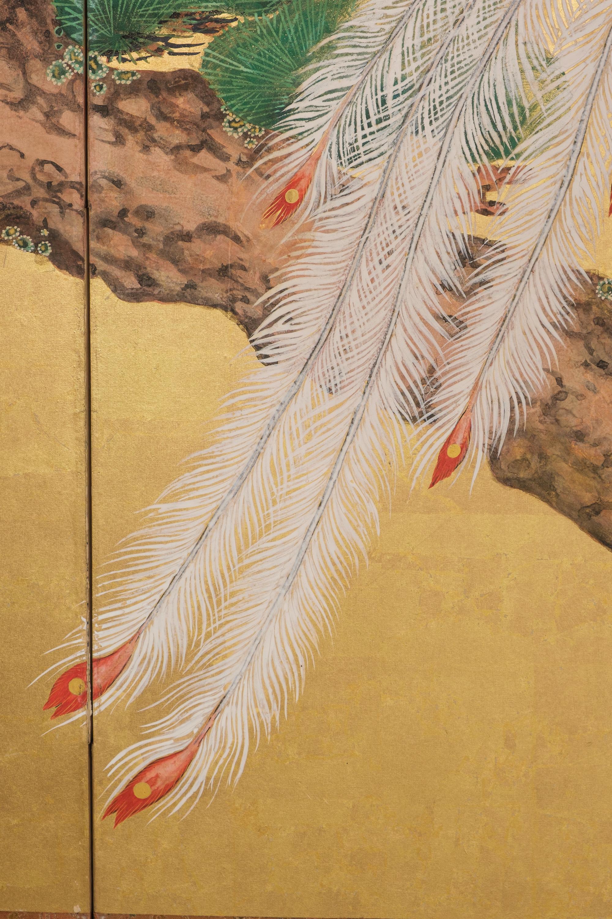 Metal Tall 6-panel byôbu with phoenixes attributed to Kanô Isen’in Naganobu For Sale