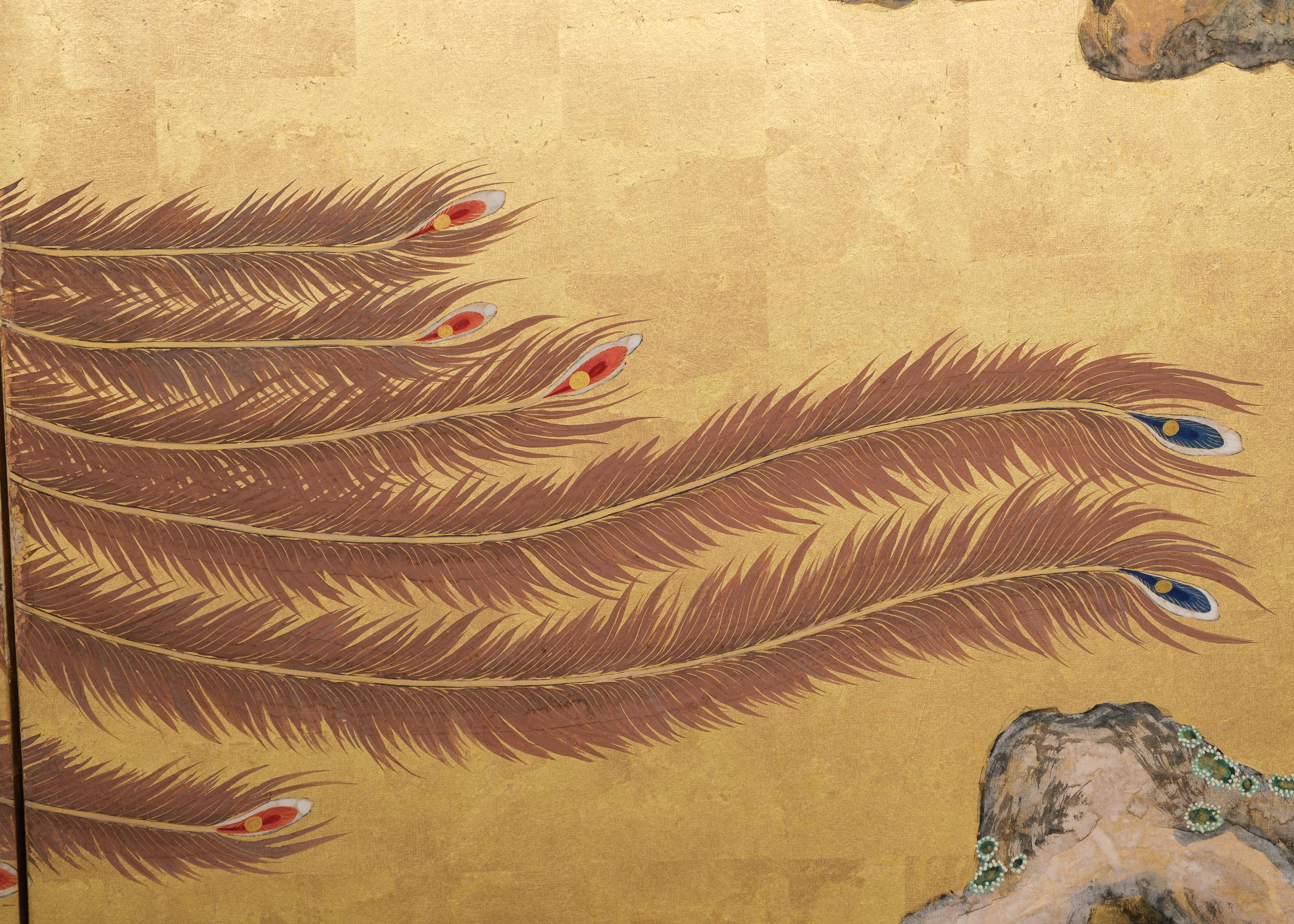 Tall 6-panel byôbu with phoenixes attributed to Kanô Isen’in Naganobu For Sale 1