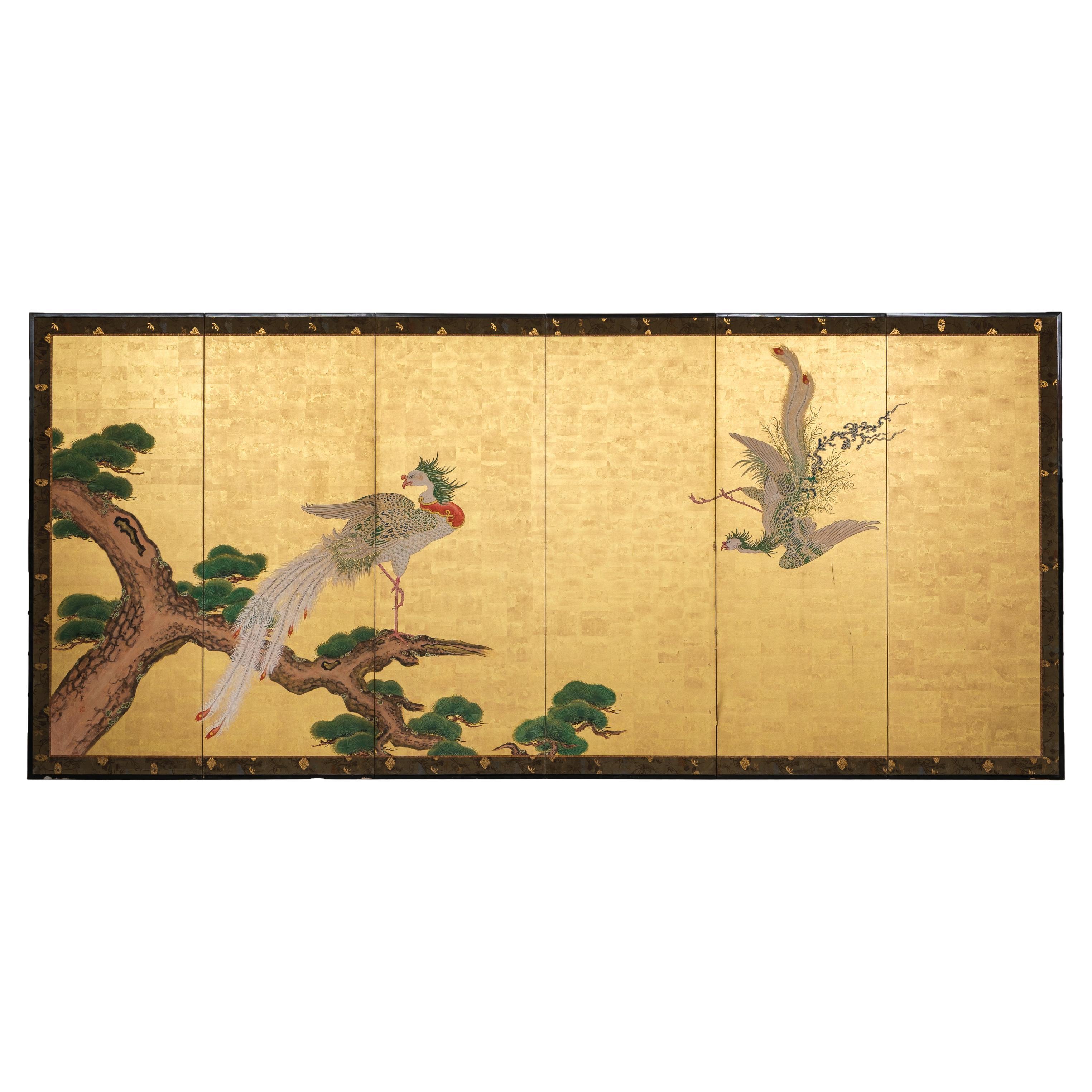 Tall 6-panel byôbu with phoenixes attributed to Kanô Isen’in Naganobu