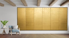 Tall 6-panel golden silk Japanese folding screen
