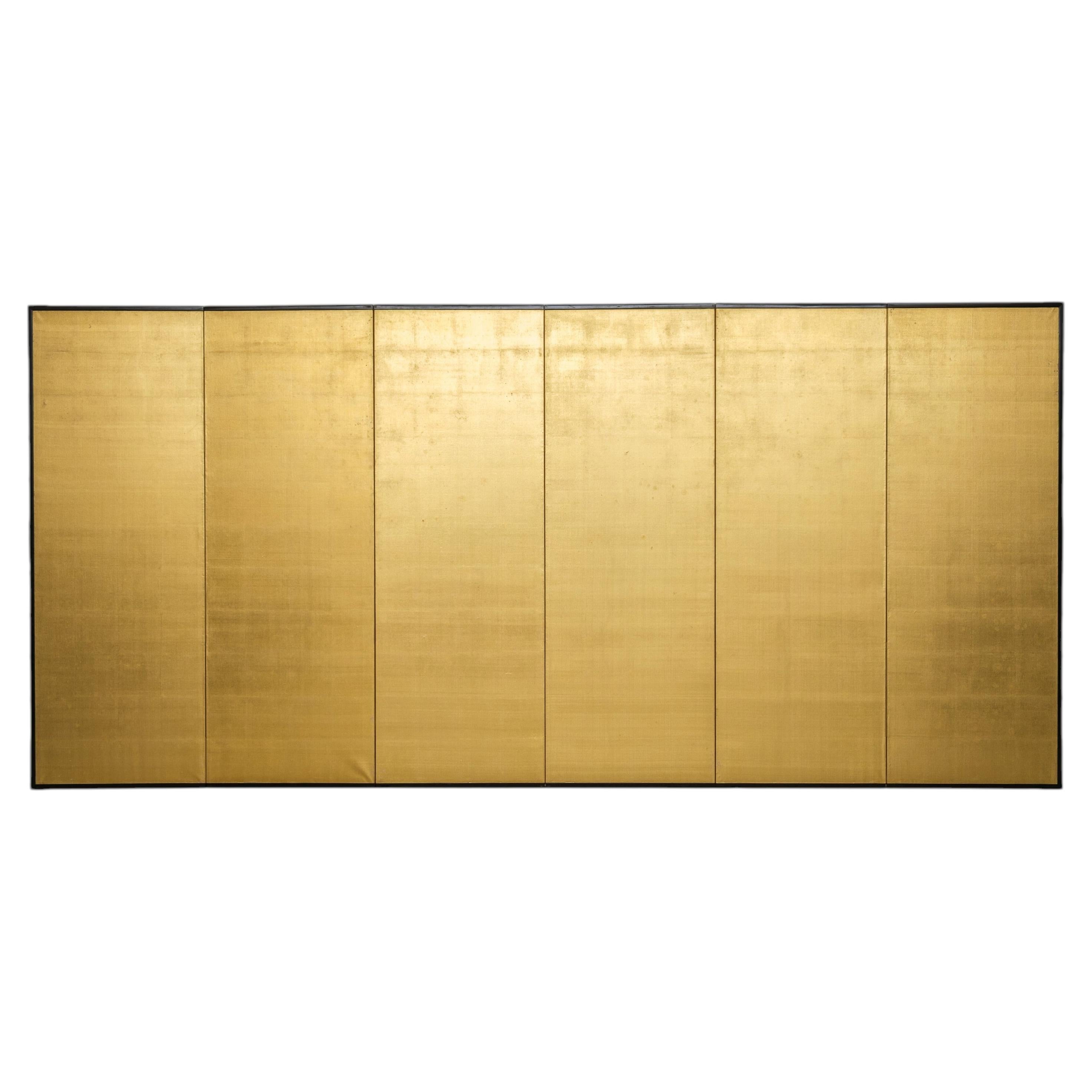 Tall 6-panel golden silk Japanese folding screen