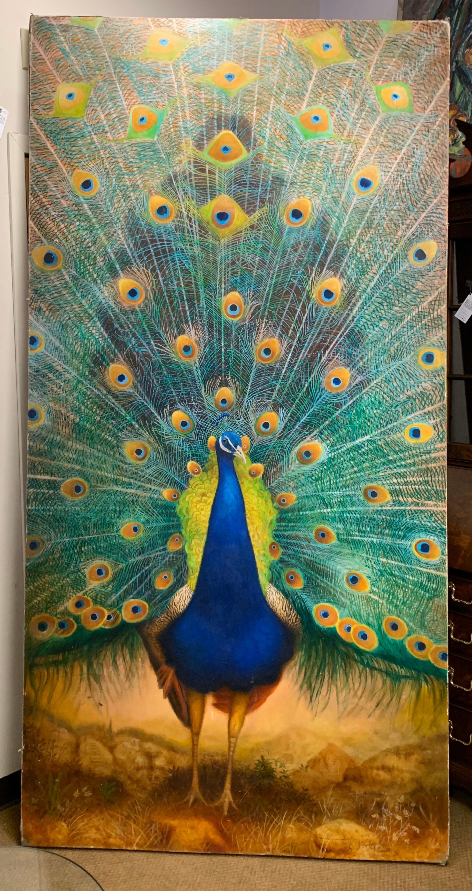 Stunning 8 ft. painting on linen and mounted on board depicts a proud peacock with a colorful plume of feathers. Very heavy close to 90lbs. Signed illegibly lower right. Large enough to be used as a door as well.