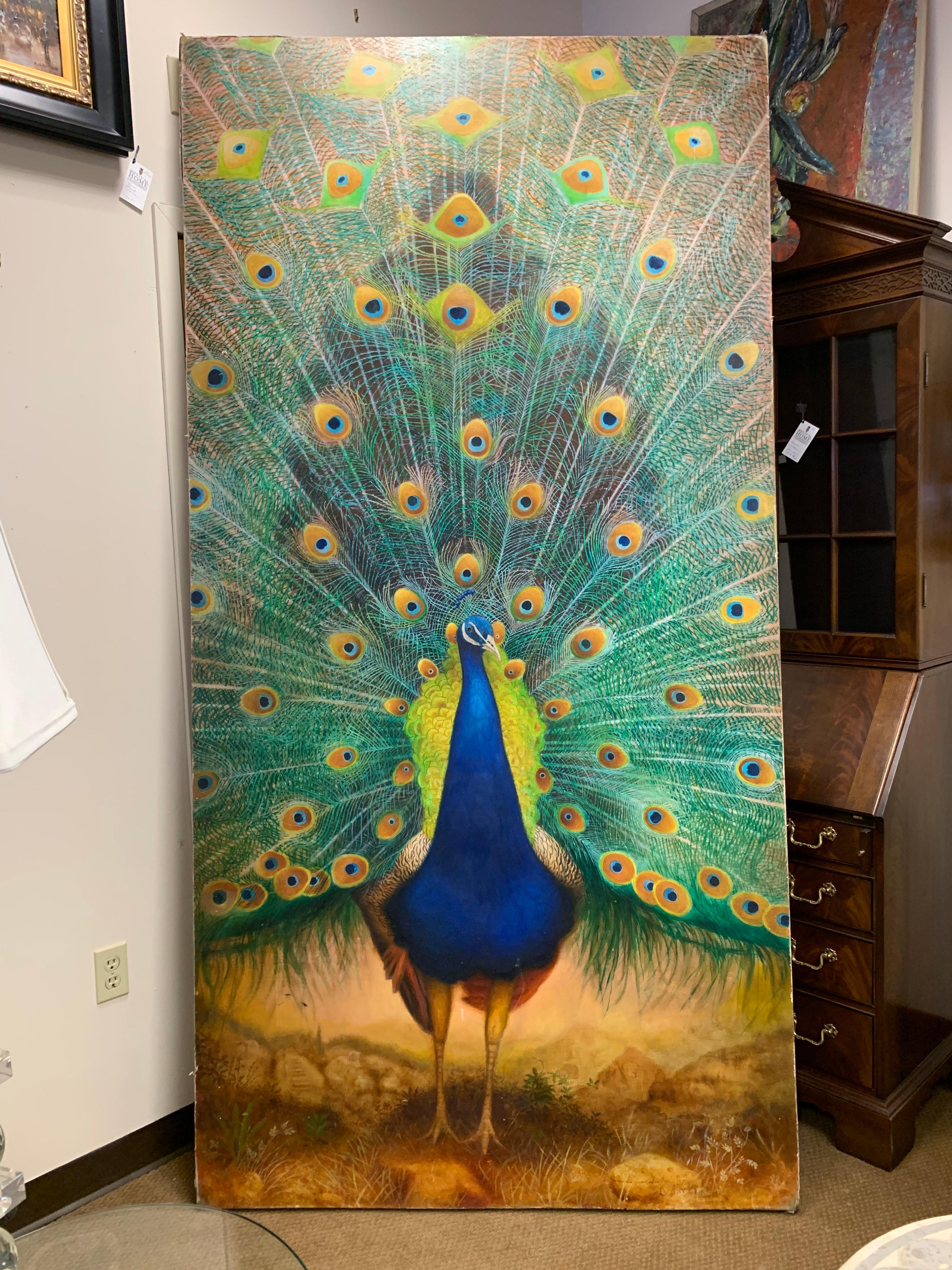 Hand-Painted Tall Original Peacock Painting Signed