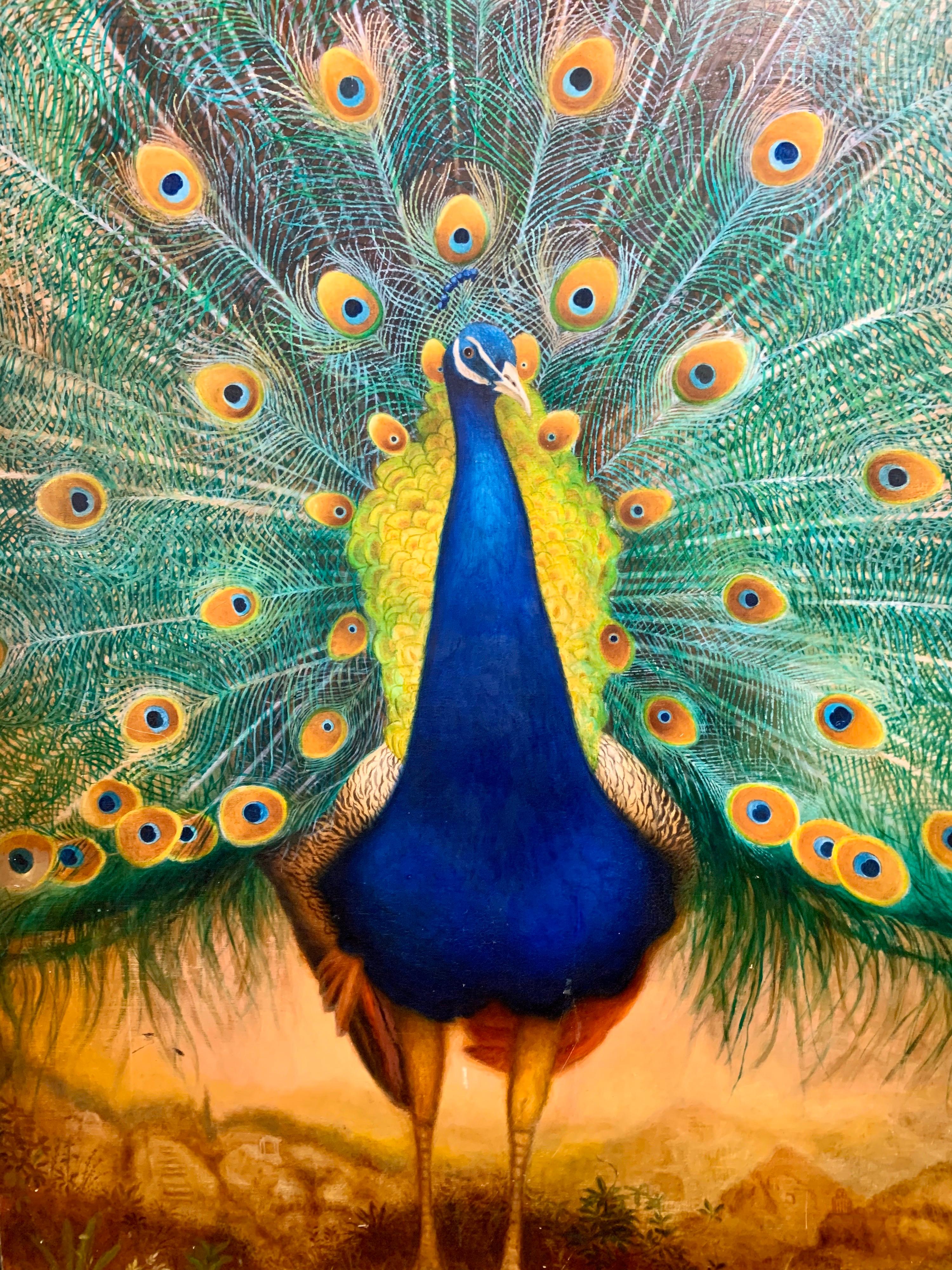 Late 20th Century Tall Original Peacock Painting Signed
