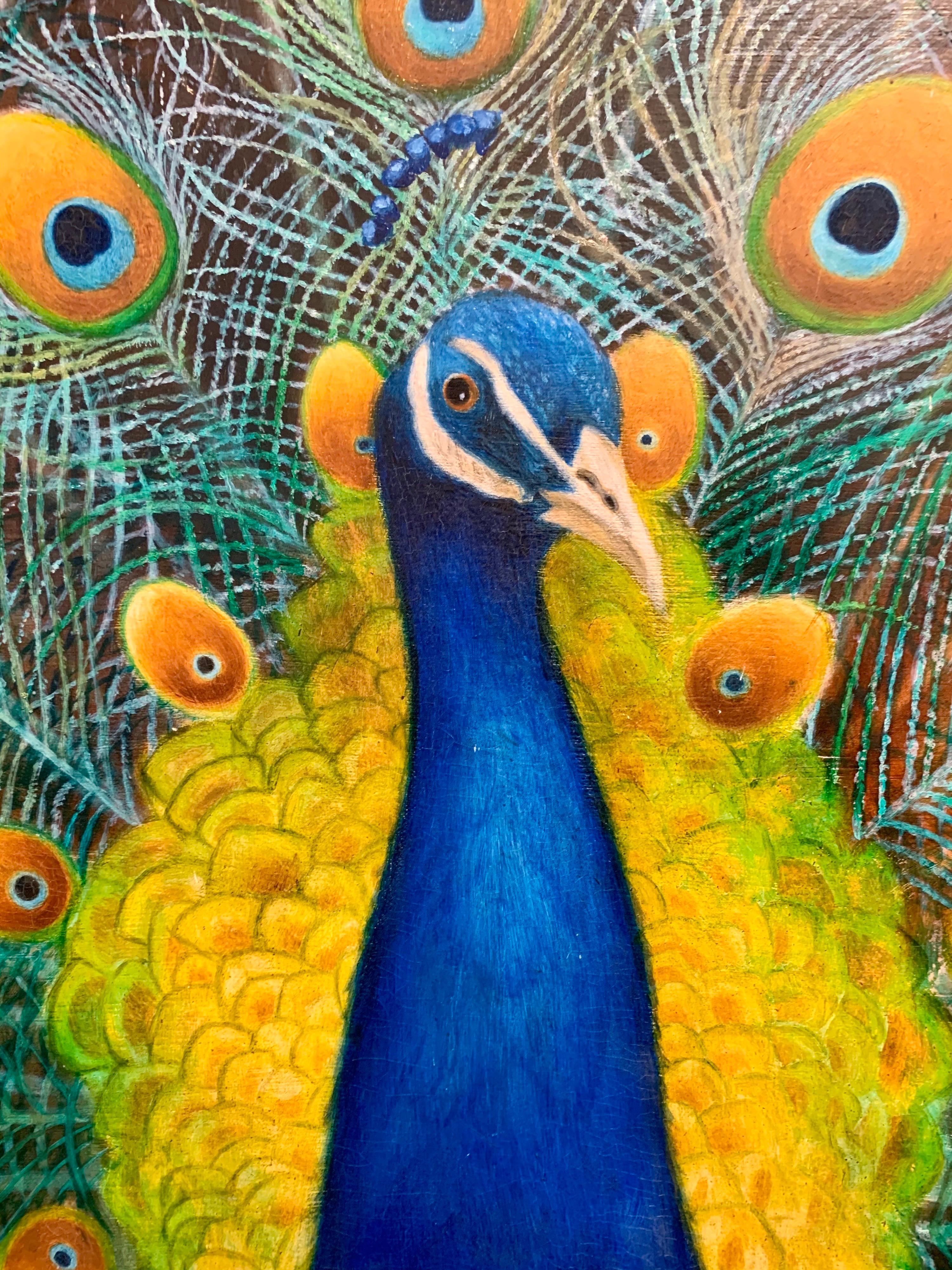 Linen Tall Original Peacock Painting Signed