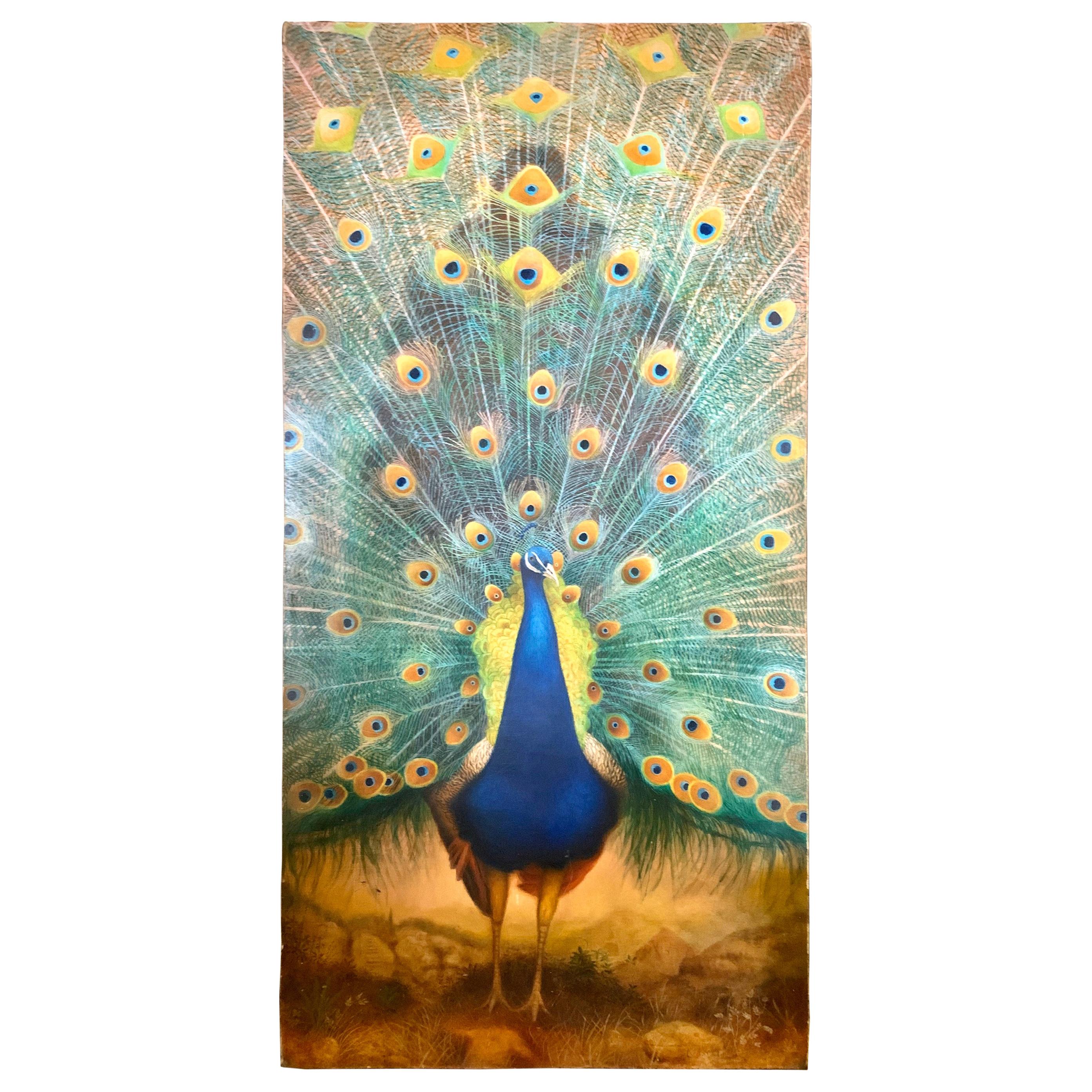 Tall Original Peacock Painting Signed