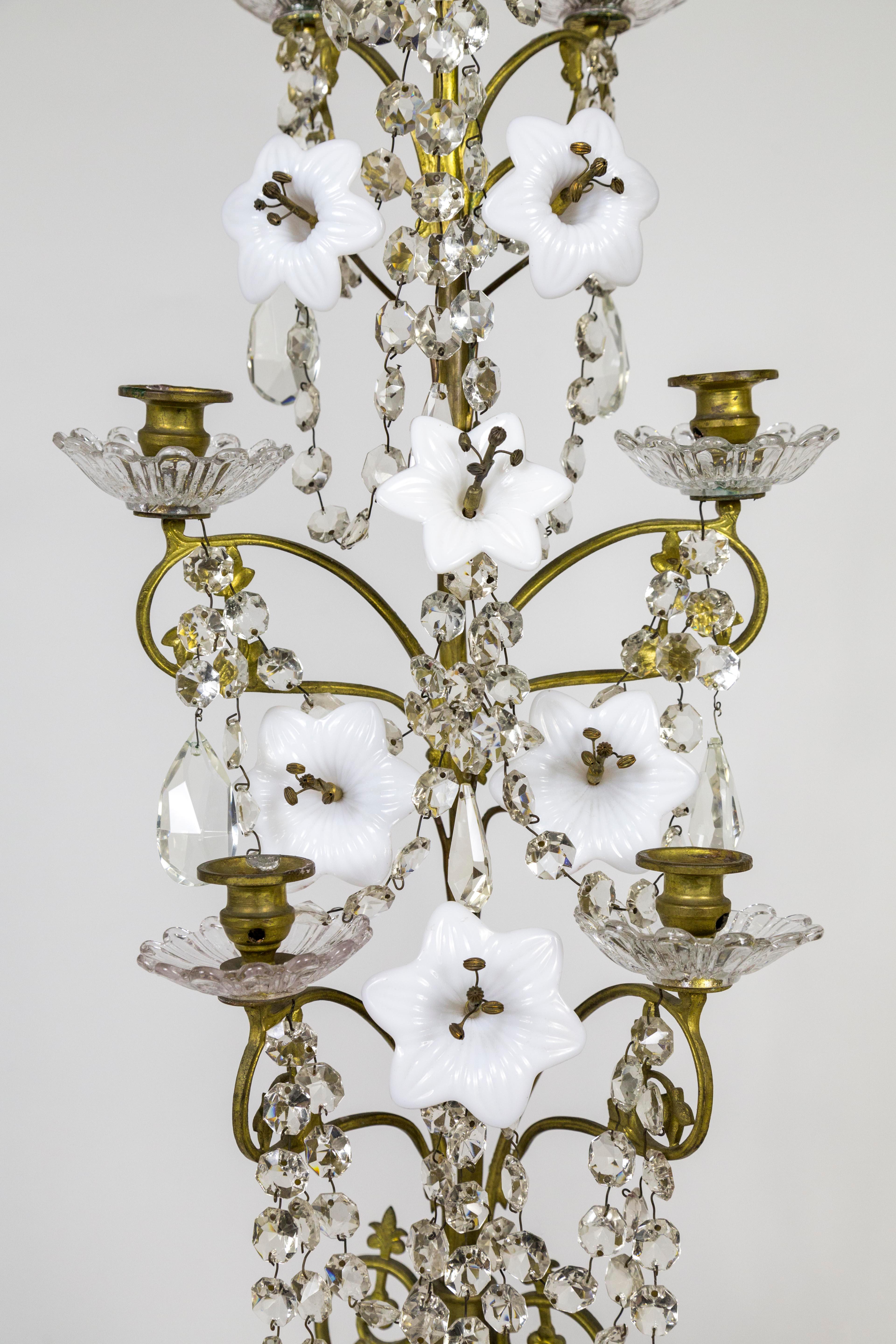 Tall 7-Candle Girandole with Crystals and Milk Glass Flowers, 'Pair' 2
