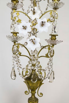 Tall 7-Candle Girandole with Crystals and Milk Glass Flowers, 'Pair'