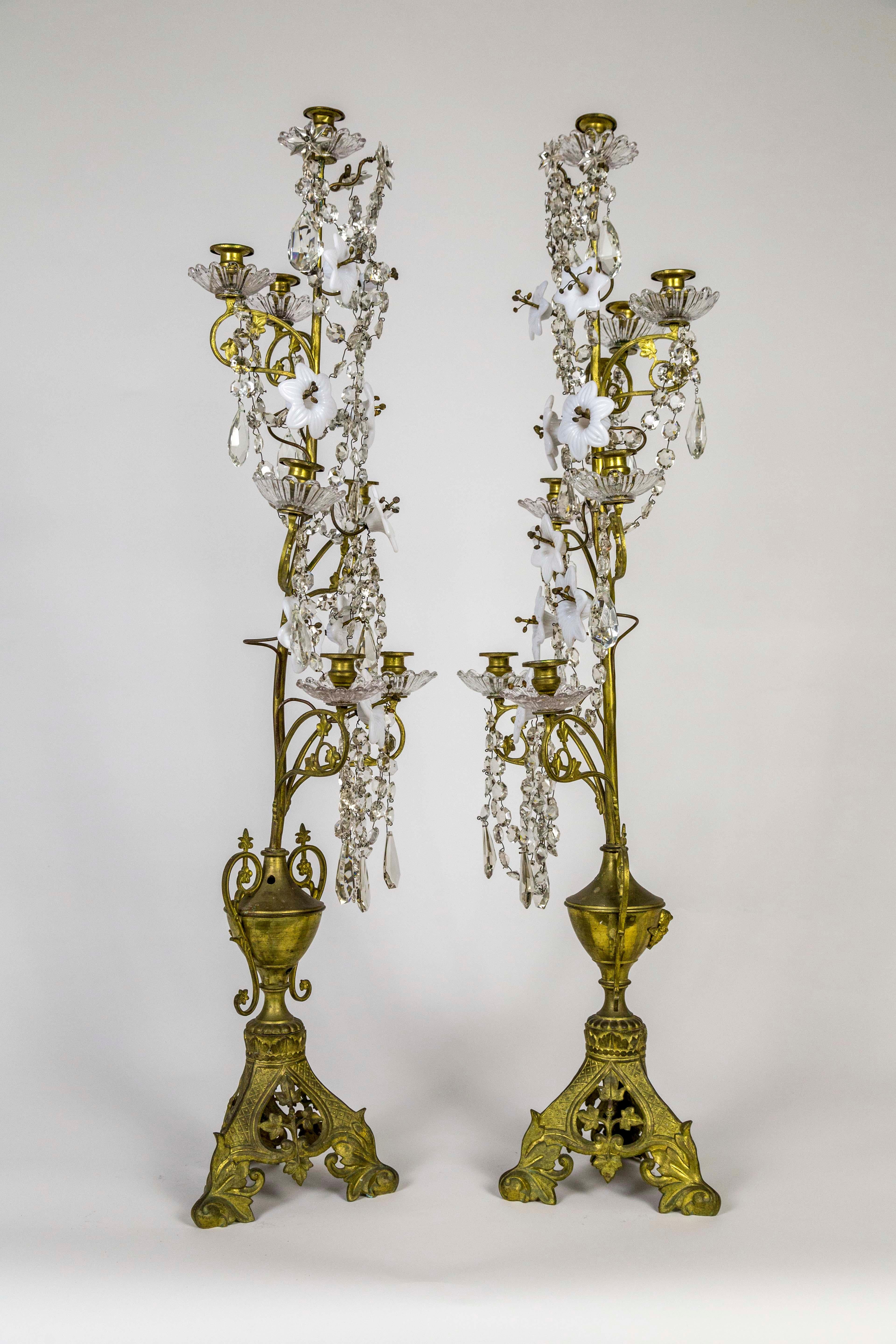 Baroque Tall 7-Candle Girandole with Crystals and Milk Glass Flowers, 'Pair'