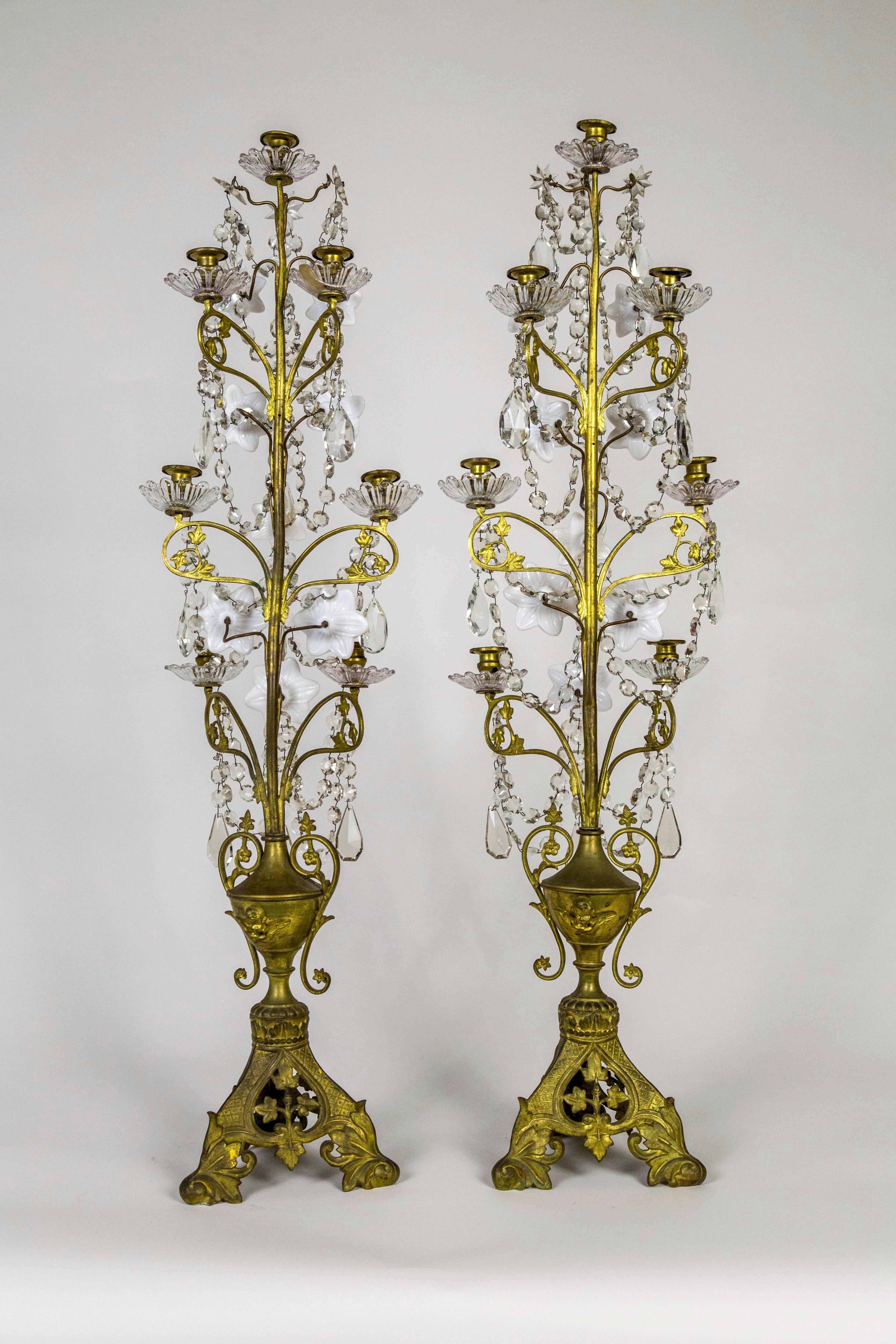 North American Tall 7-Candle Girandole with Crystals and Milk Glass Flowers, 'Pair'