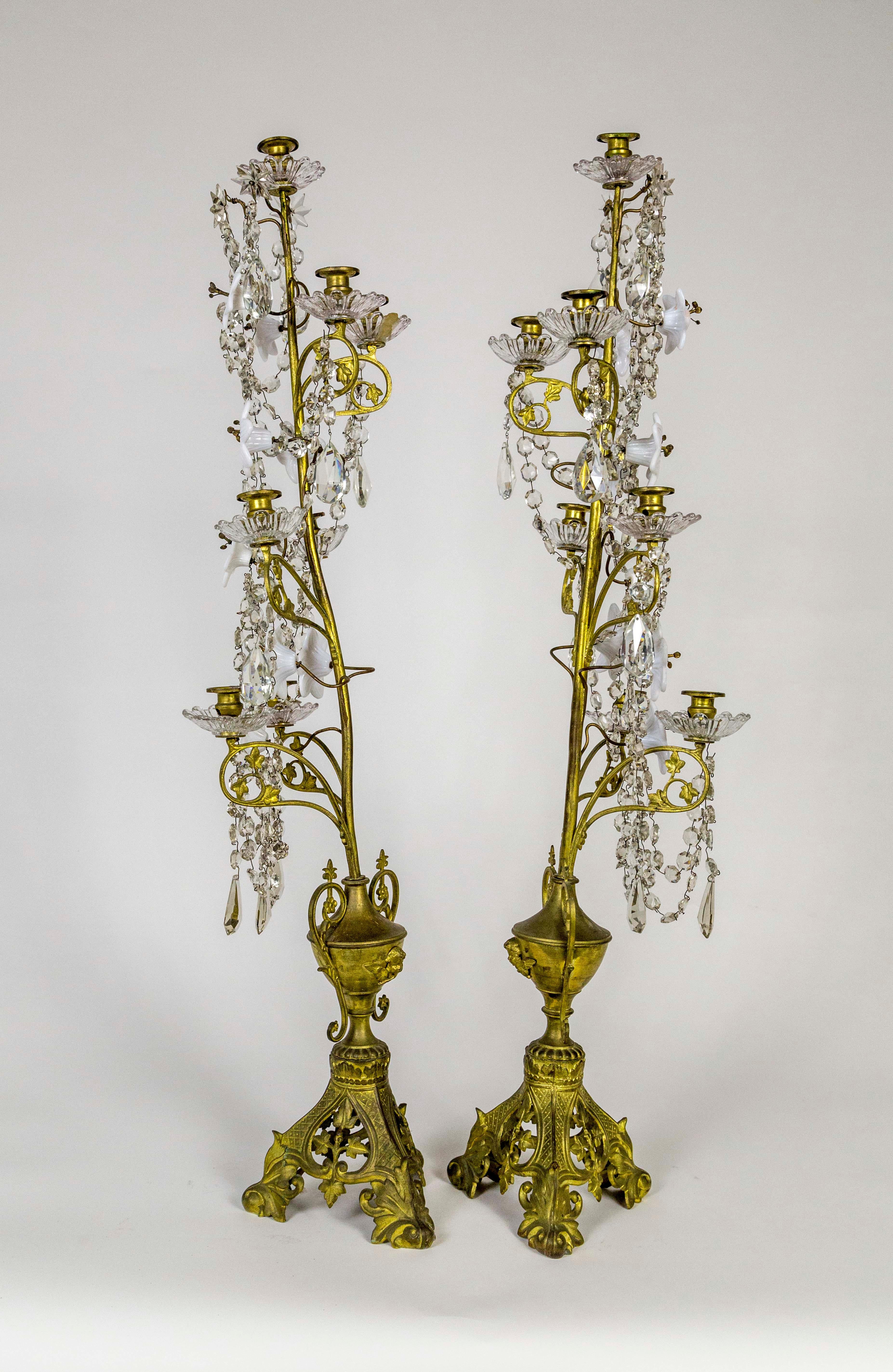 Tall 7-Candle Girandole with Crystals and Milk Glass Flowers, 'Pair' In Good Condition In San Francisco, CA