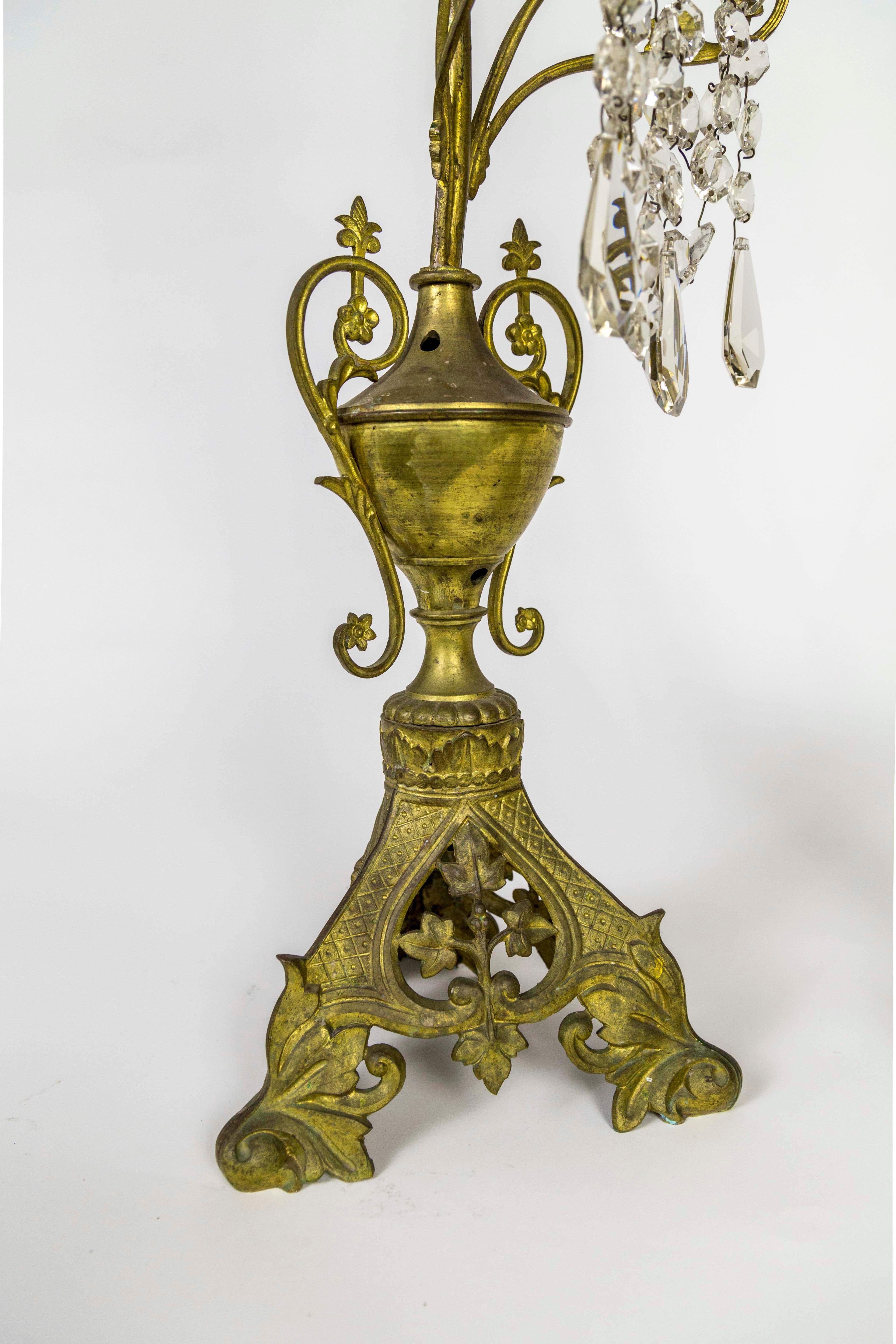 Early 20th Century Tall 7-Candle Girandole with Crystals and Milk Glass Flowers, 'Pair'
