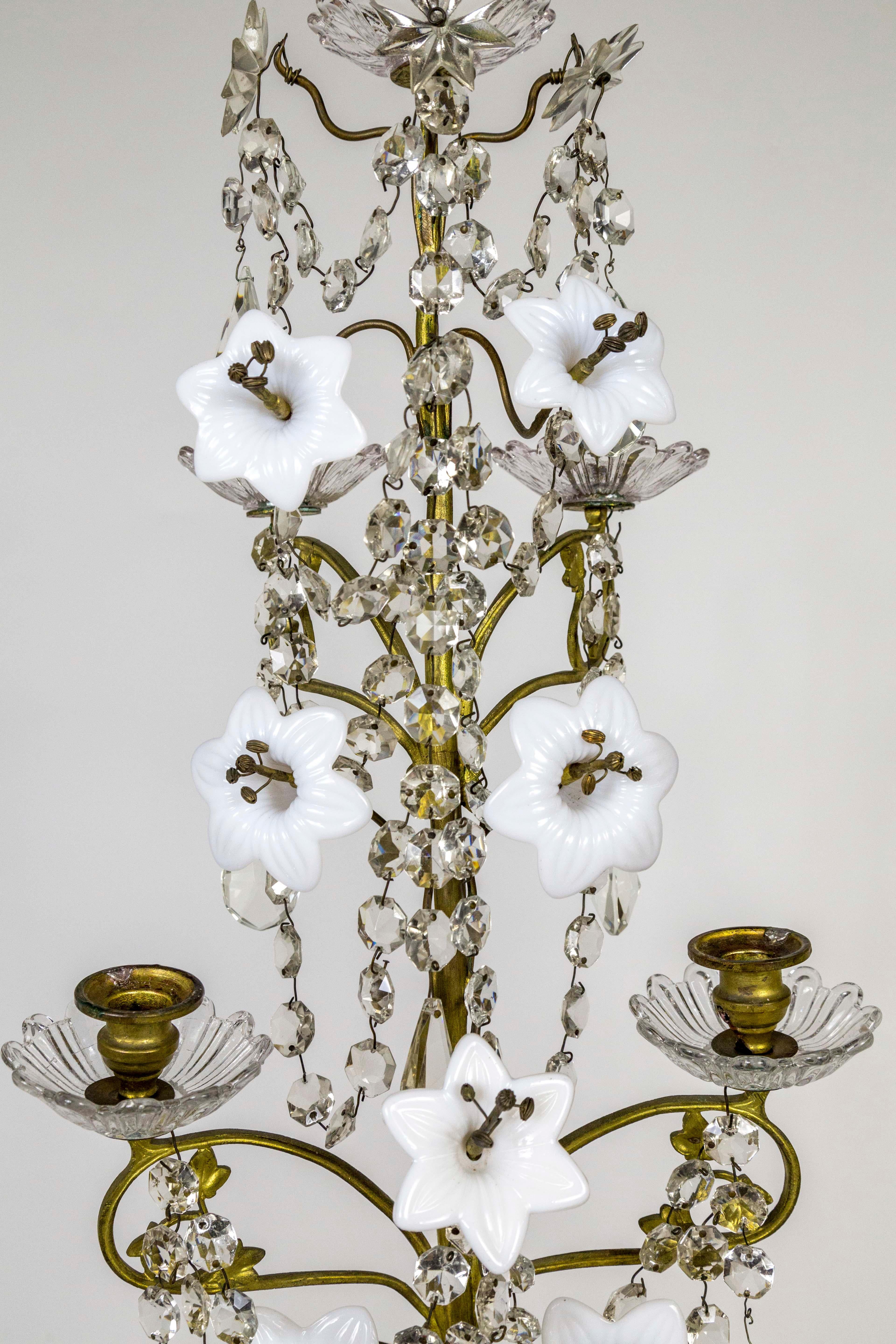 Tall 7-Candle Girandole with Crystals and Milk Glass Flowers, 'Pair' 1
