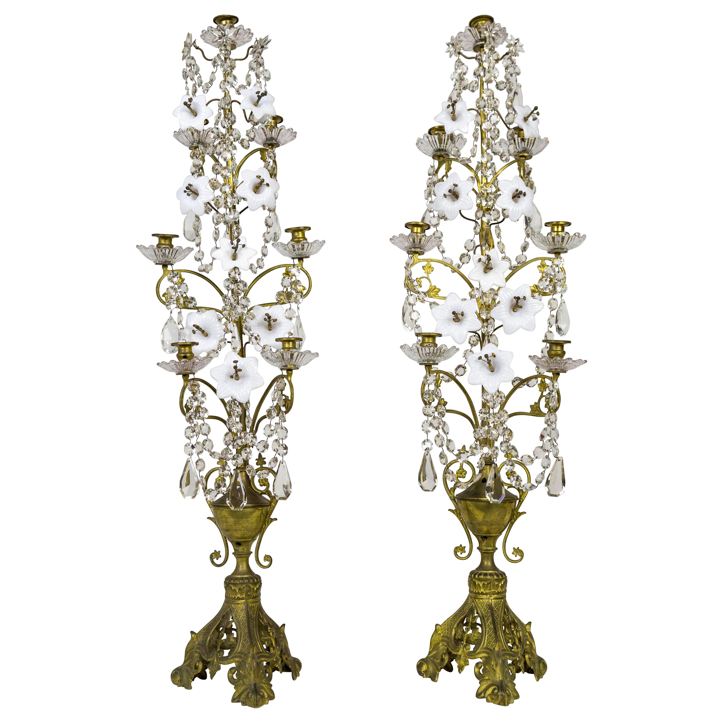 Tall 7-Candle Girandole with Crystals and Milk Glass Flowers, 'Pair'