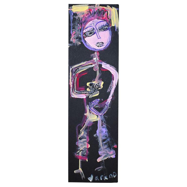Tall Abstract Cubist Portrait Painting of a Woman in Pink and Black, Signed
