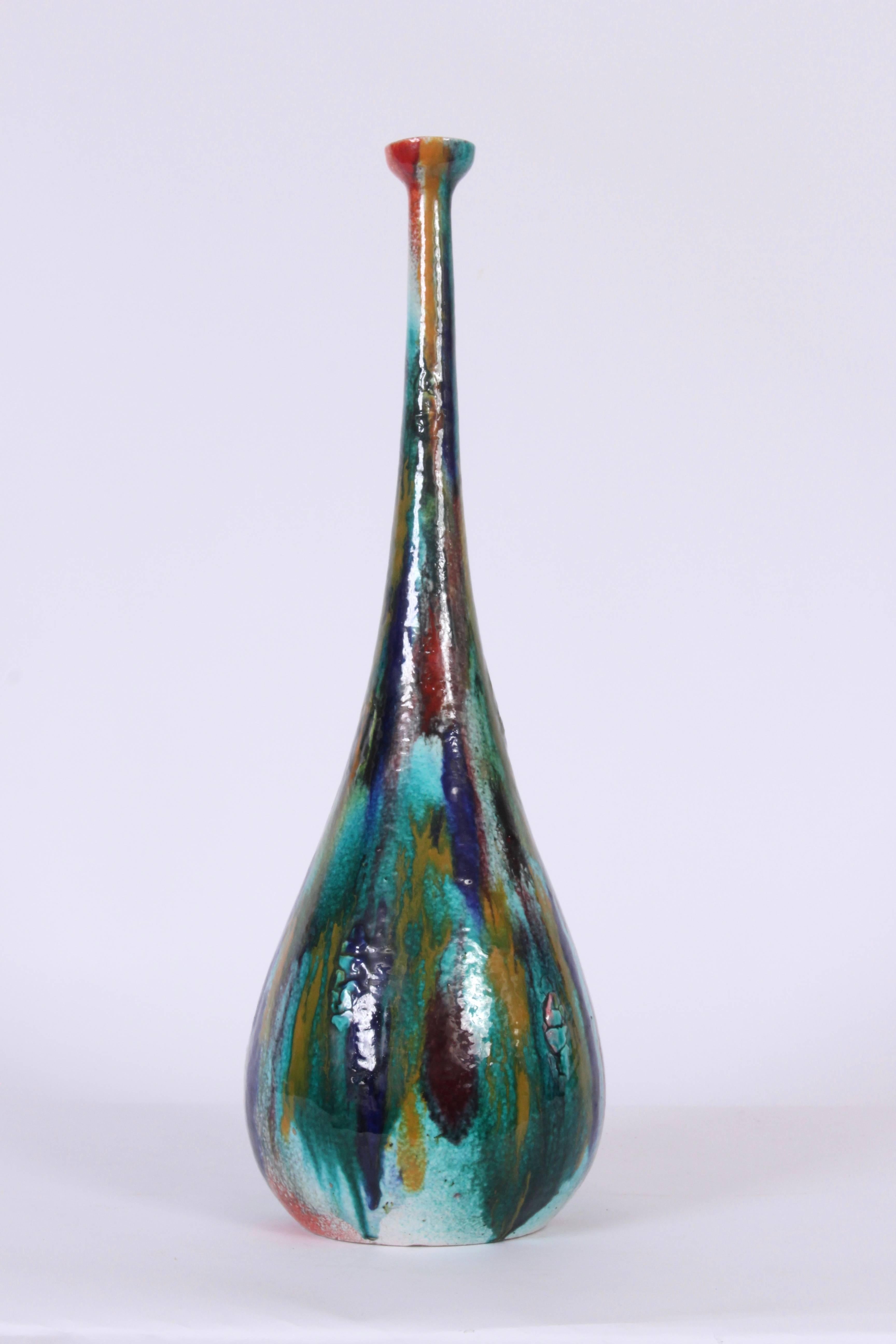 Italian Tall IAMA Albisola Turquoise, Green, Purple Drip Glazed Ceramic Vase