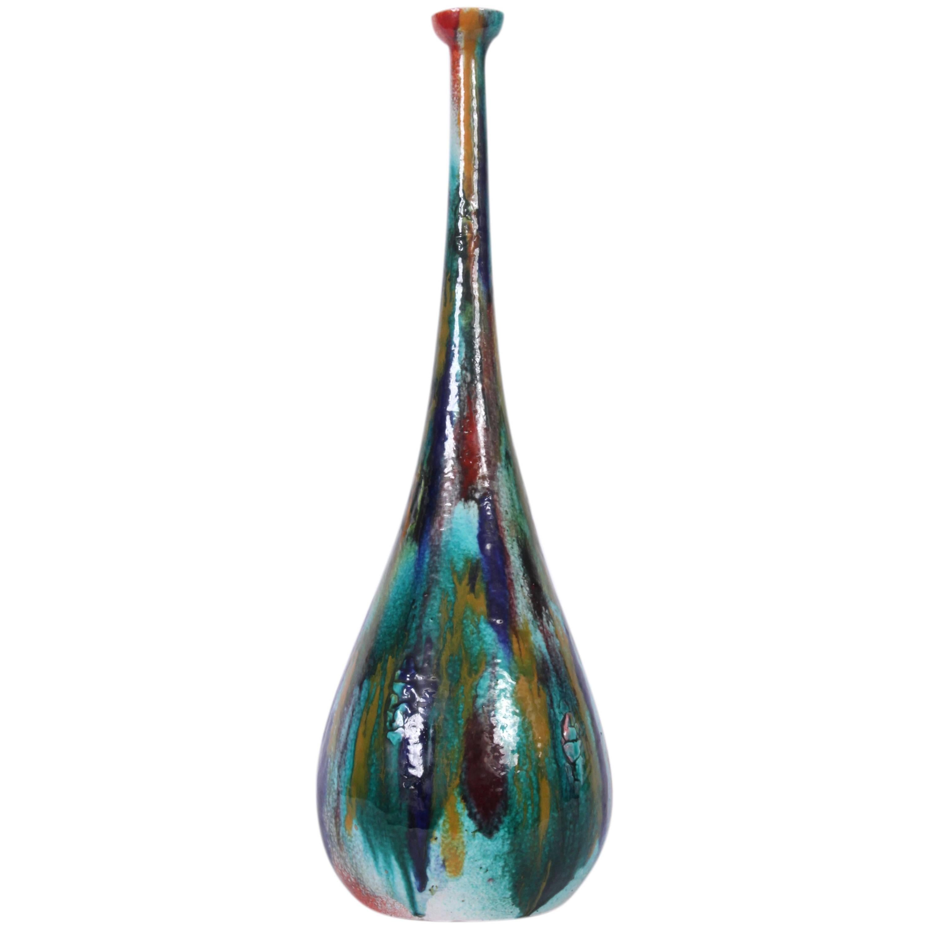 Tall IAMA Albisola Turquoise, Green, Purple Drip Glazed Ceramic Vase