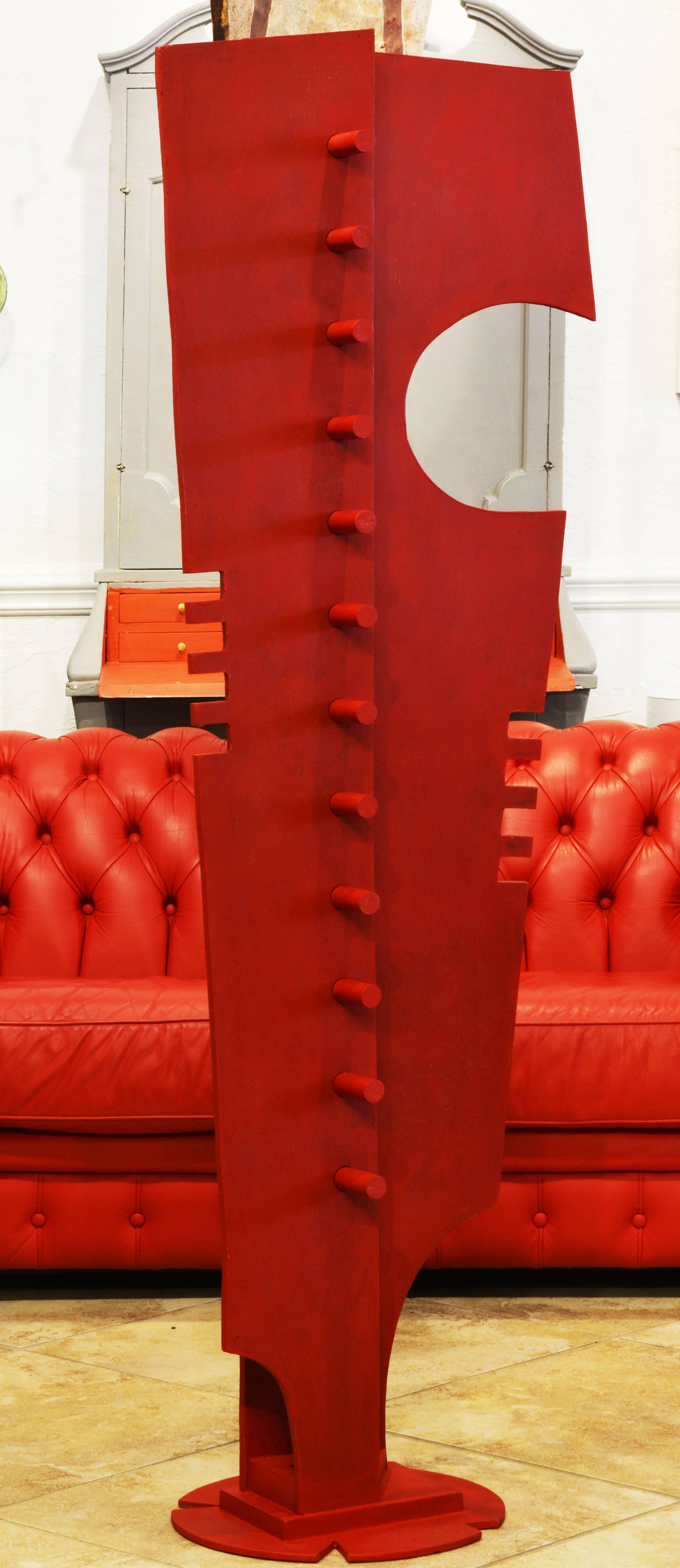 English Tall Abstract Red Wood Sculpture by Edward Toledano, British, 20th Century