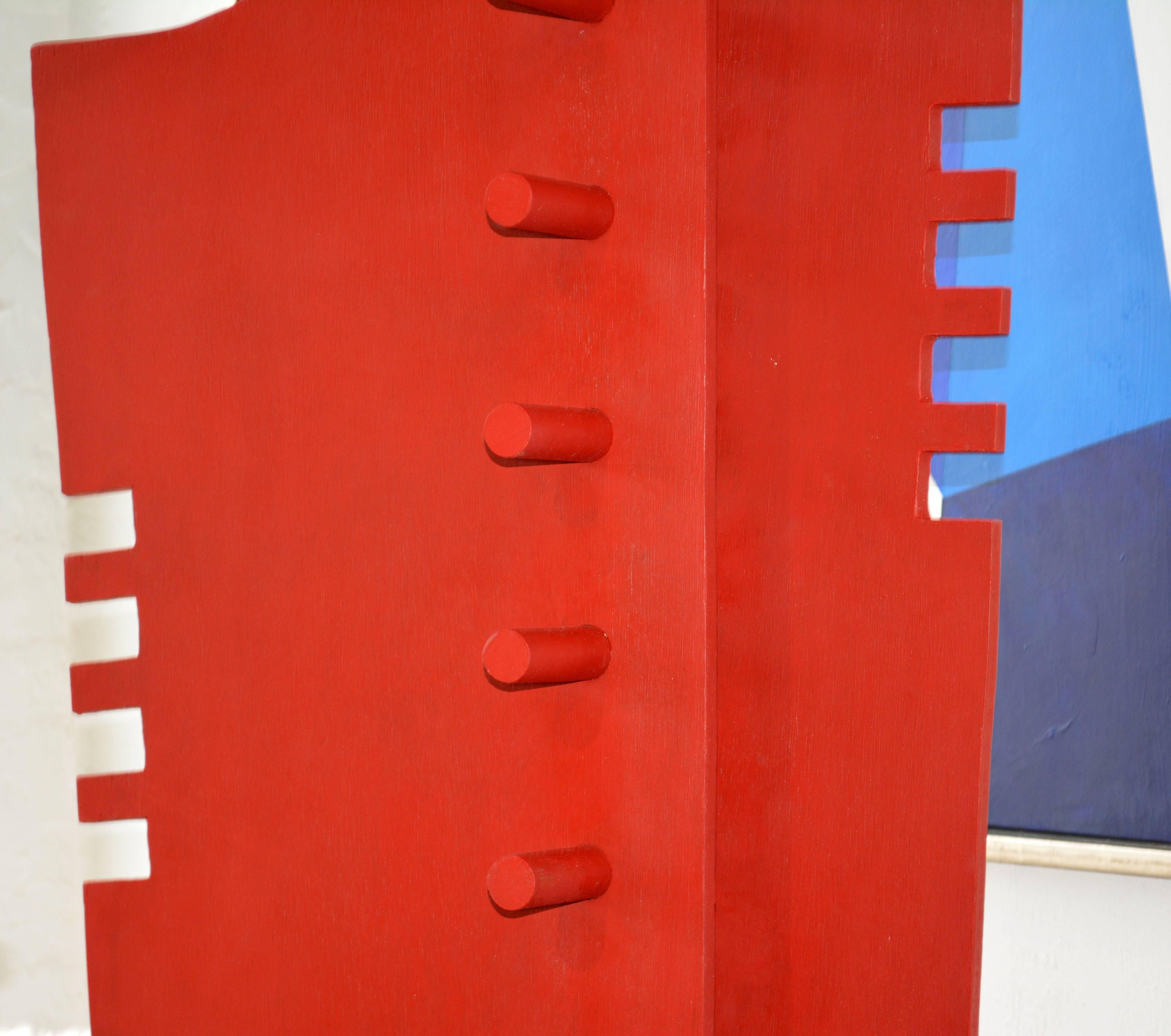 Painted Tall Abstract Red Wood Sculpture by Edward Toledano, British, 20th Century