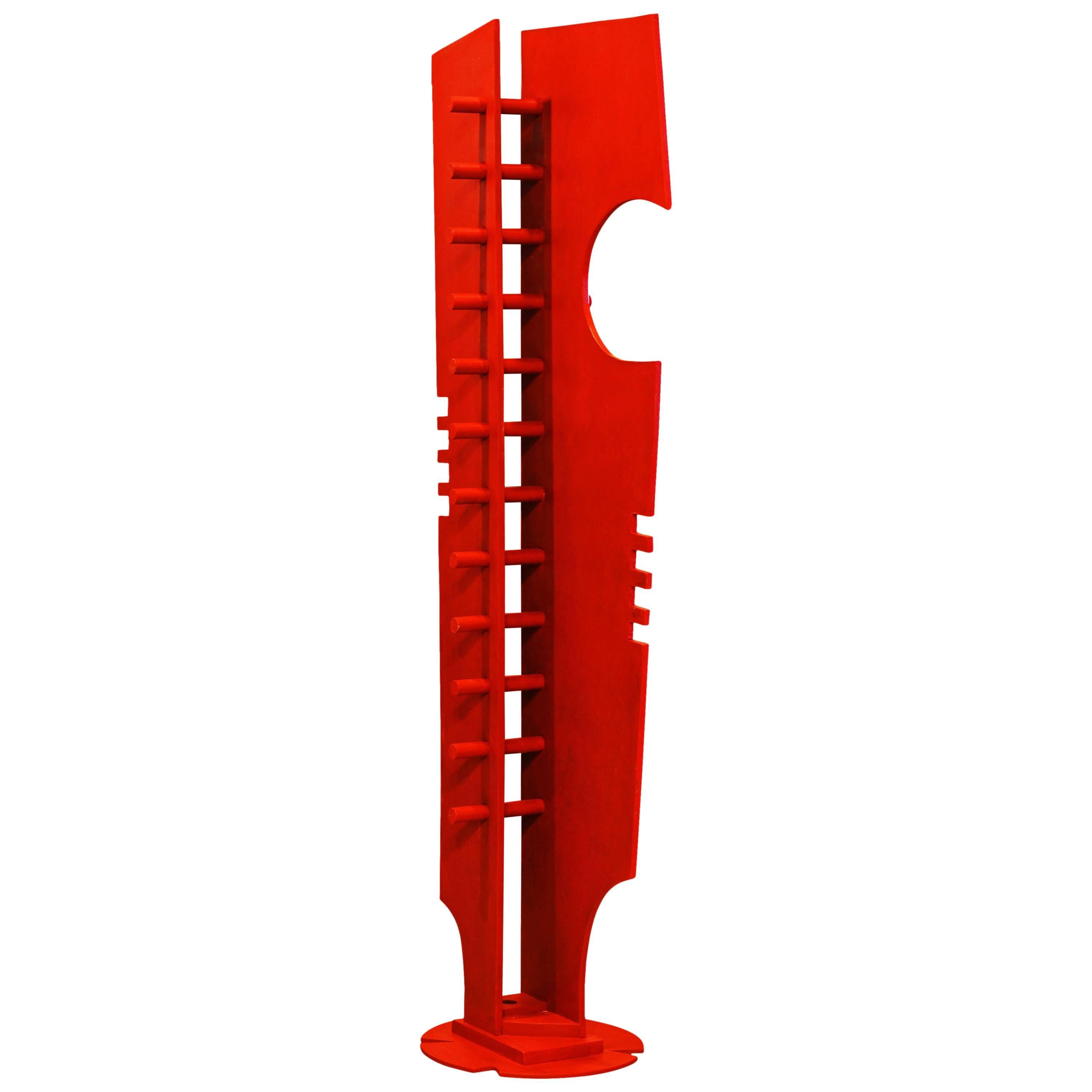 Tall Abstract Red Wood Sculpture by Edward Toledano, British, 20th Century