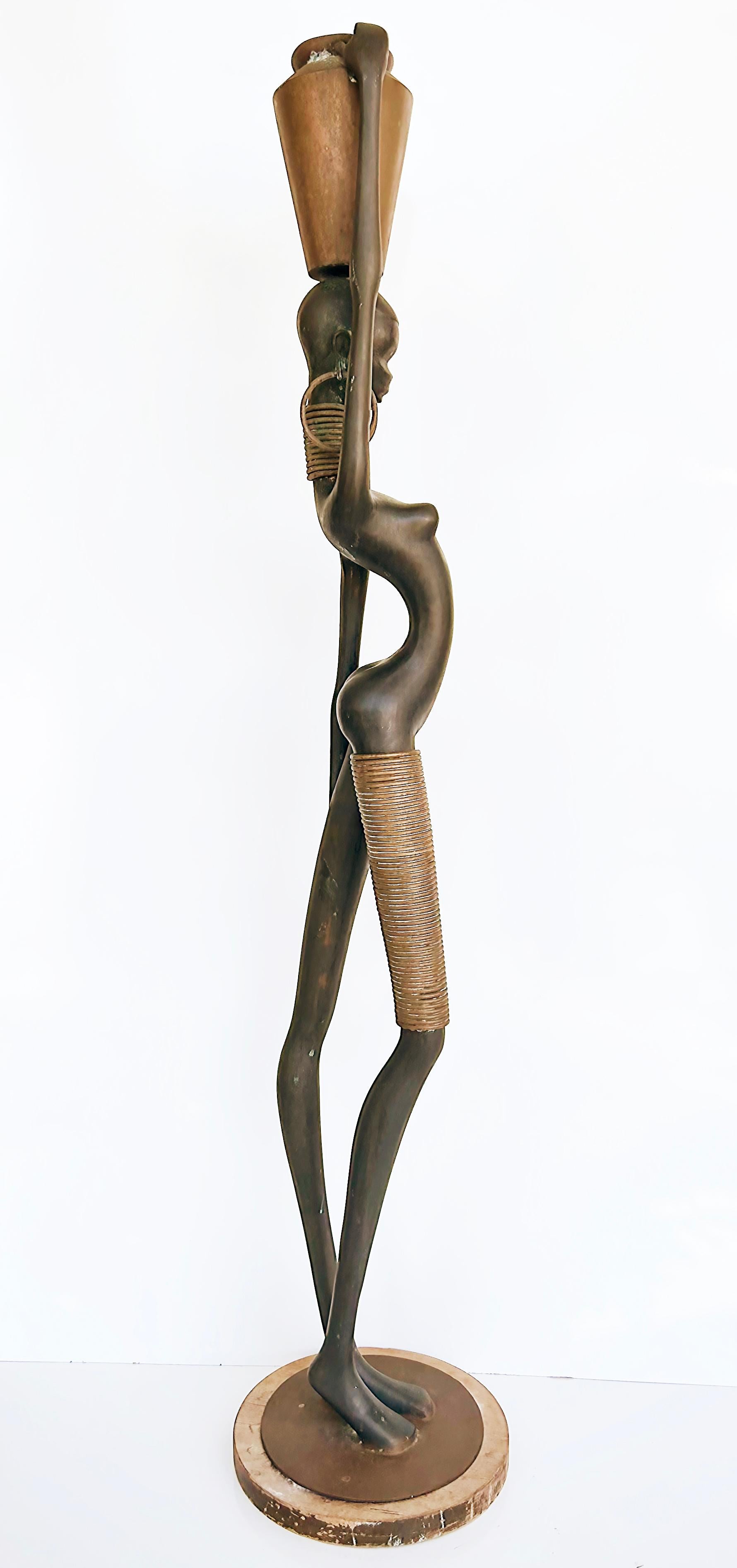 Tall African Stylized Watercarrier Bronze Sculpture, Hagenauer Manner