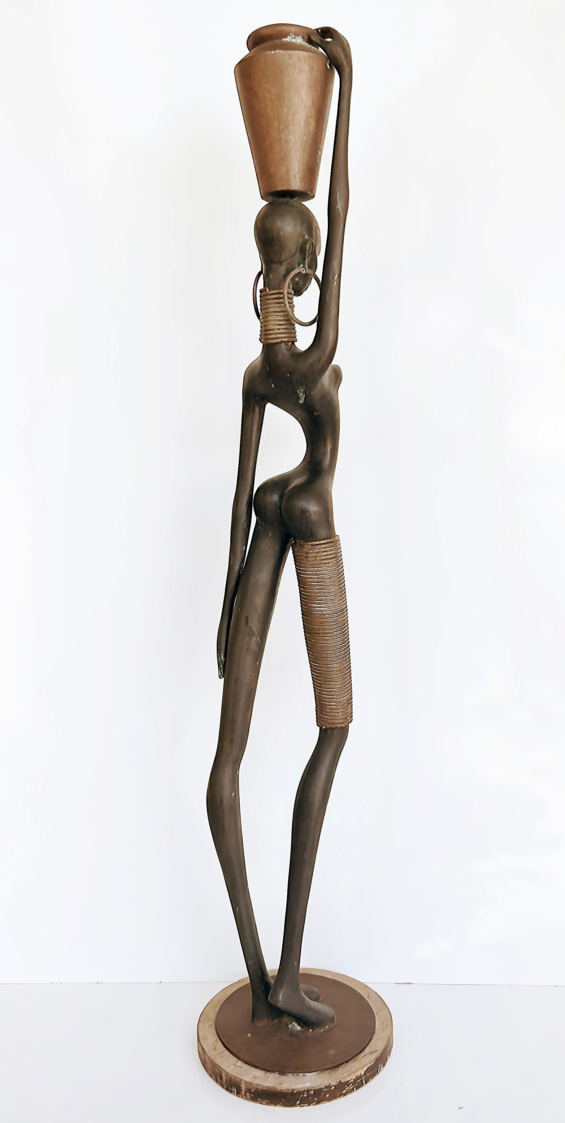 Tall African Stylized Watercarrier Bronze Sculpture, Hagenauer Manner