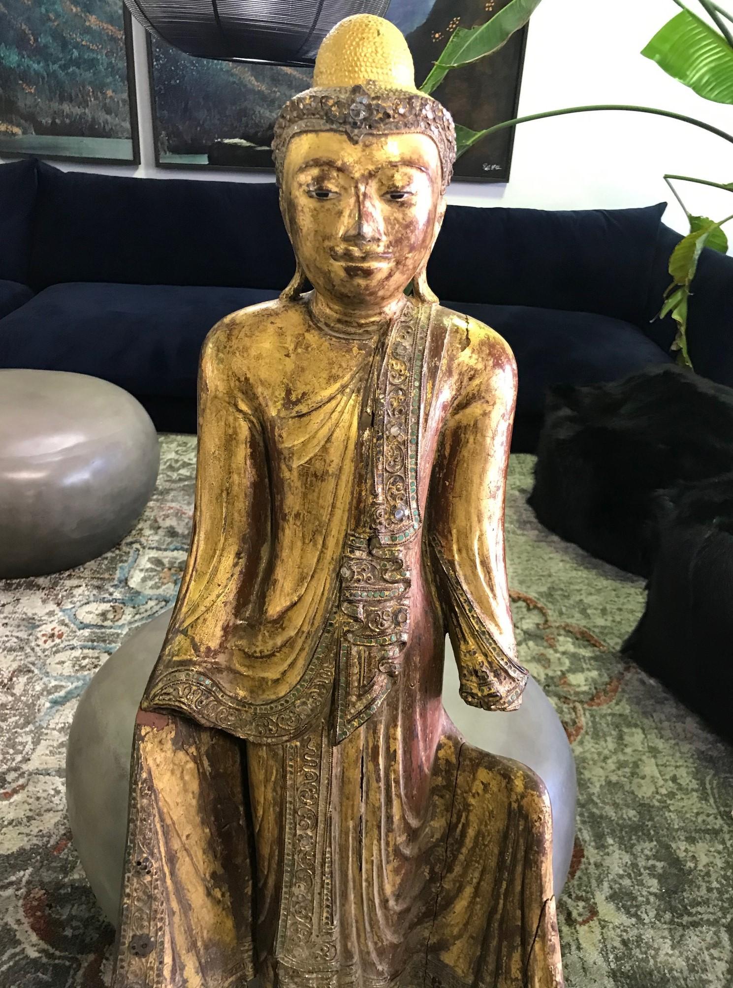 Thai Tall Aged Carved Wood and Gilt Standing Temple Shrine Buddha, Early 20th Century