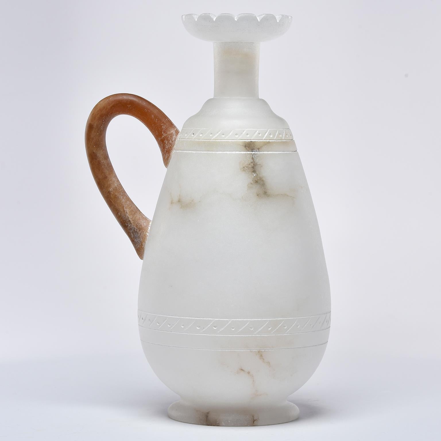 Italian Tall Alabaster Ewer with Contrasting Handle and Fluted Rim For Sale