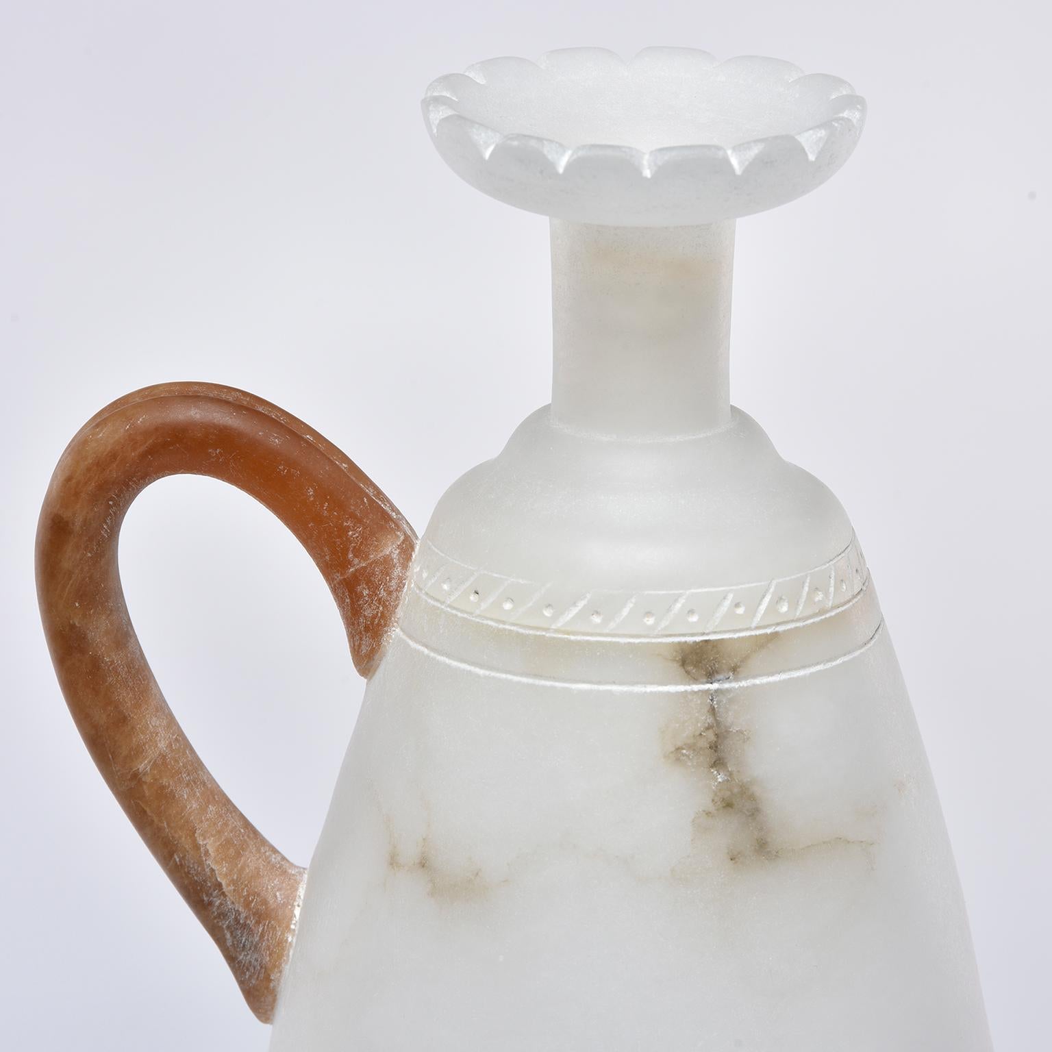 Carved Tall Alabaster Ewer with Contrasting Handle and Fluted Rim For Sale