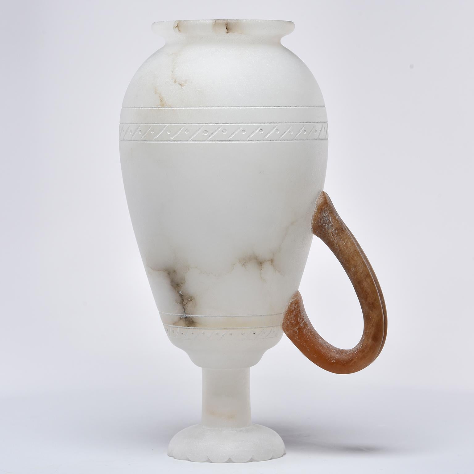 Tall Alabaster Ewer with Contrasting Handle and Fluted Rim For Sale 1