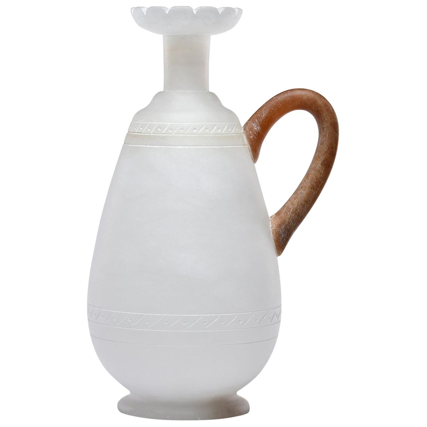 Tall Alabaster Ewer with Contrasting Handle and Fluted Rim For Sale