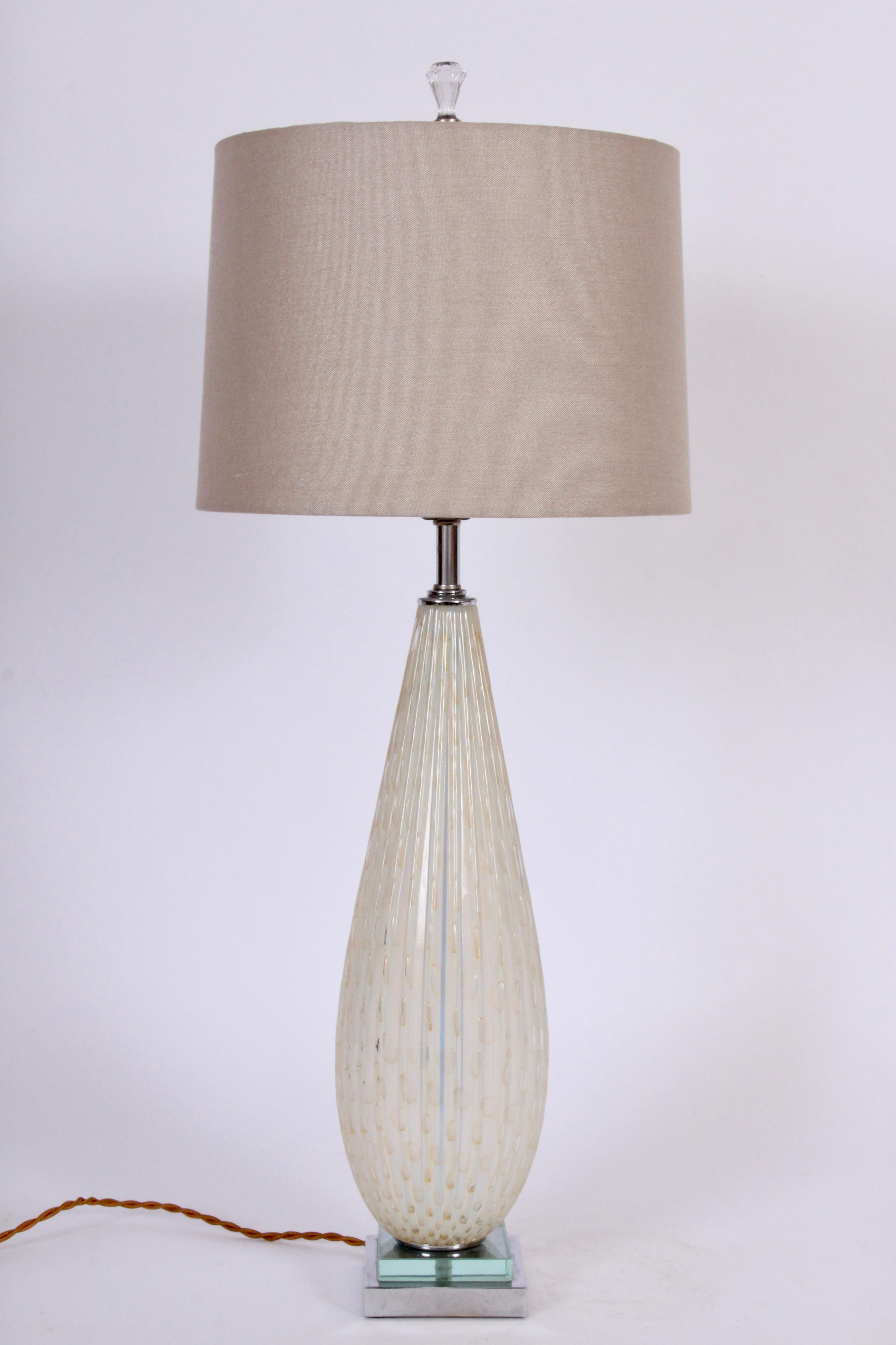 Tall Alfredo Barbini for Murano Ribbed Opaline Table Lamp with Gold inclusions 1
