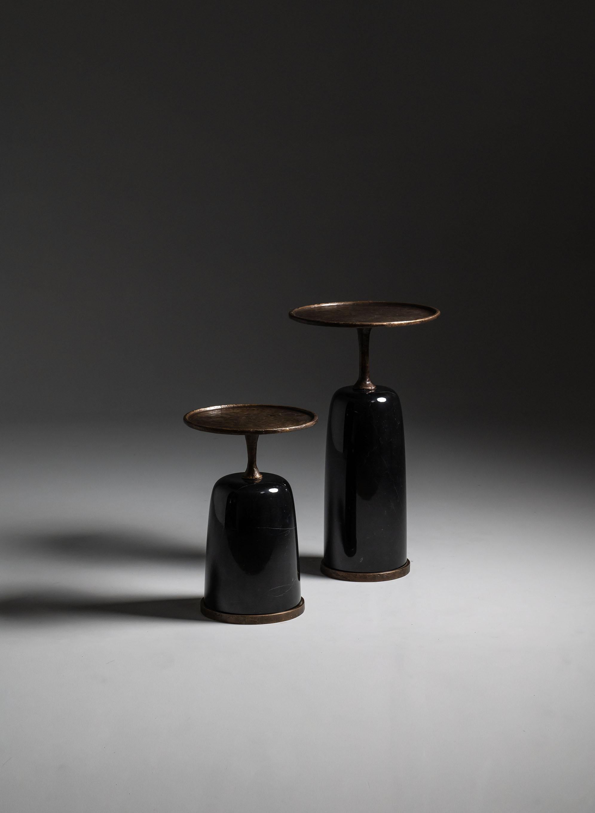 Tall Altai Side Table in stock in California. Available in two sizes, tall and low, priced individually.

Sculptural quality lost-wax cast bronze top affixed to shapely marble base. The finish of the top is a textural antique gold bronze. The base