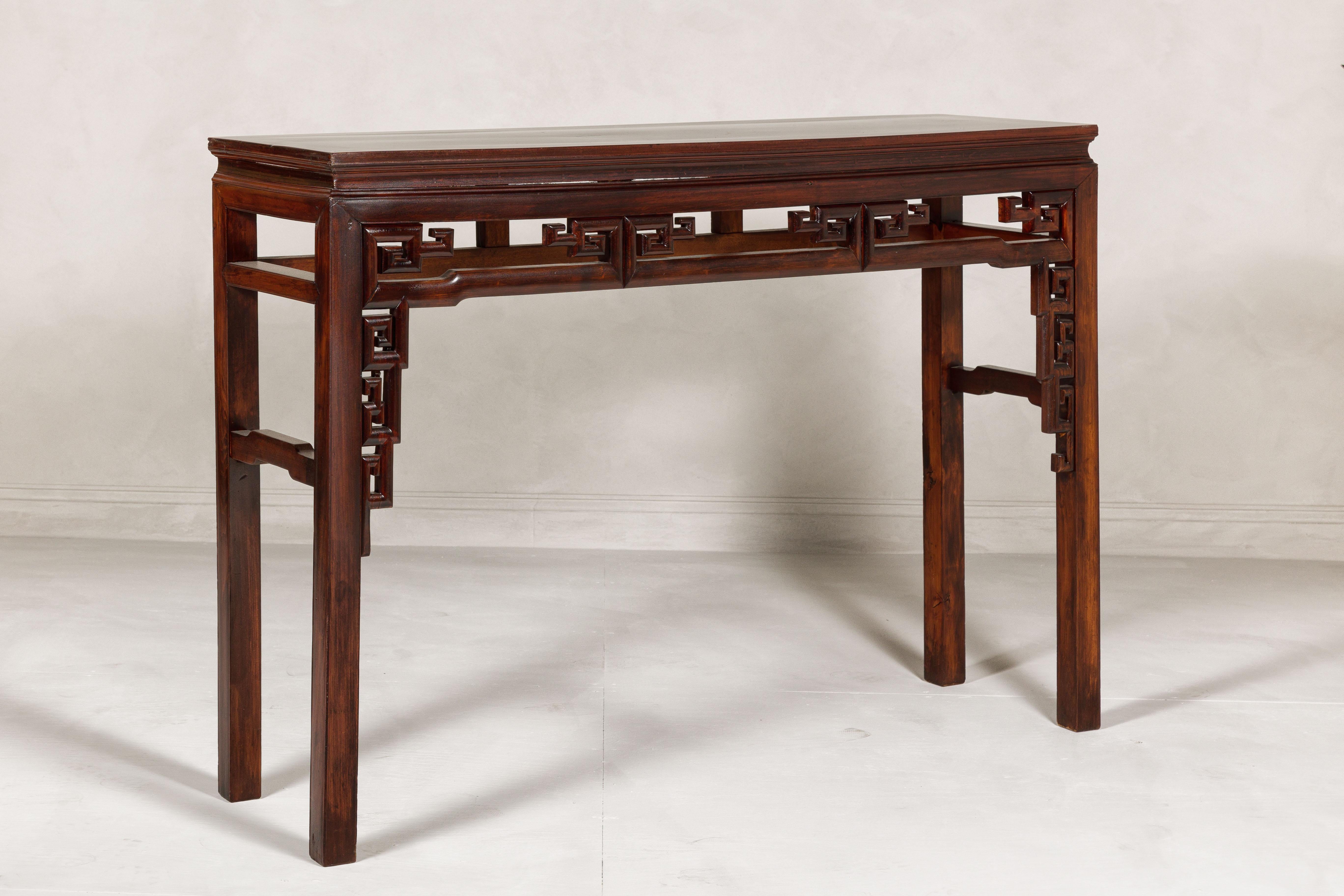 Tall Altar Console Table with Meander Carved Apron and Humpback Stretchers For Sale 4